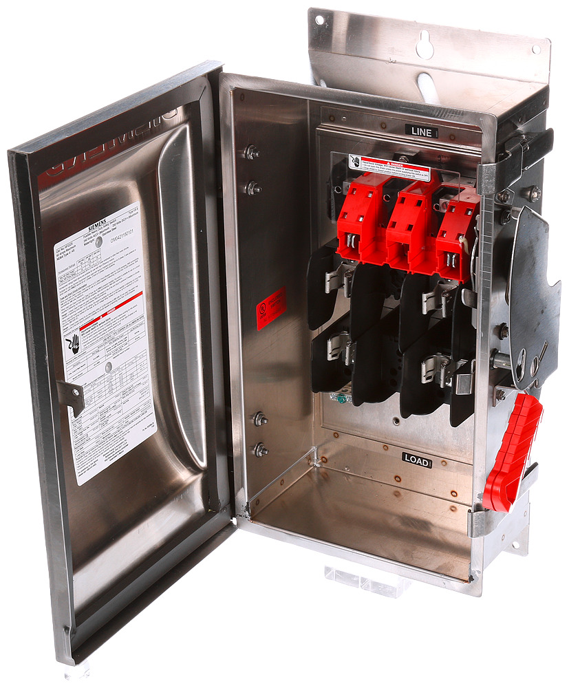  Low Voltage Circuit Protection Heavy Duty Safety Switch. 3-Pole 3-Fuse Fused in a type 4/4X 304 grade Stainless Steel enclosure. Rated 240VAC (30A).