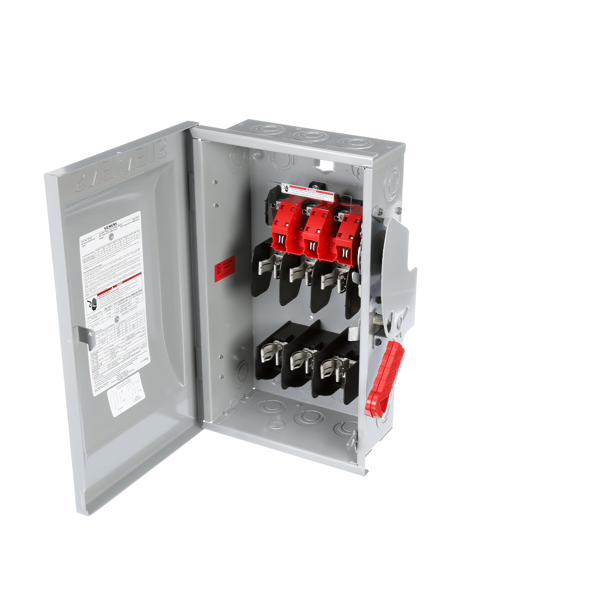  Low Voltage Circuit Protection Heavy Duty Safety Switches. Type ENCLOSED, SAFETY SWITCH Std UL V. Rating 600V A. Rating 60A Wattage 3W No. Of Poles 3P F. Rating 60Hz Action SINGLE THROW Material STEEL Enclosure TYPE 1. 2-3 point mounting holes. O. Cycles 10000 O. Temperature (-20F-120F) AMBIENT TEMPERATURE Environmental Conditions INDOOR