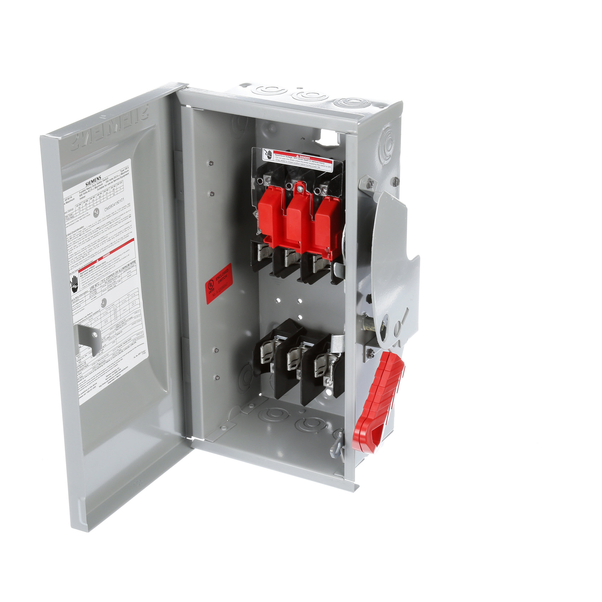  Low Voltage Circuit Protection Heavy Duty Safety Switch. 3-Pole 3-Fuse and solid neutral Fused in a type 1 enclosure (indoor). Rated 600VAC (30A).