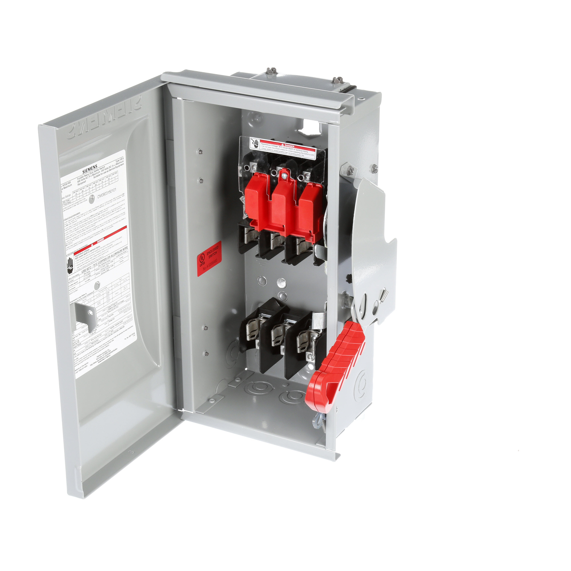  Low Voltage Circuit Protection Heavy Duty Safety Switch. 3-Pole 3-Fuse and solid neutral Fused in a type 3R enclosure (outdoor). Rated 600VAC (30A).