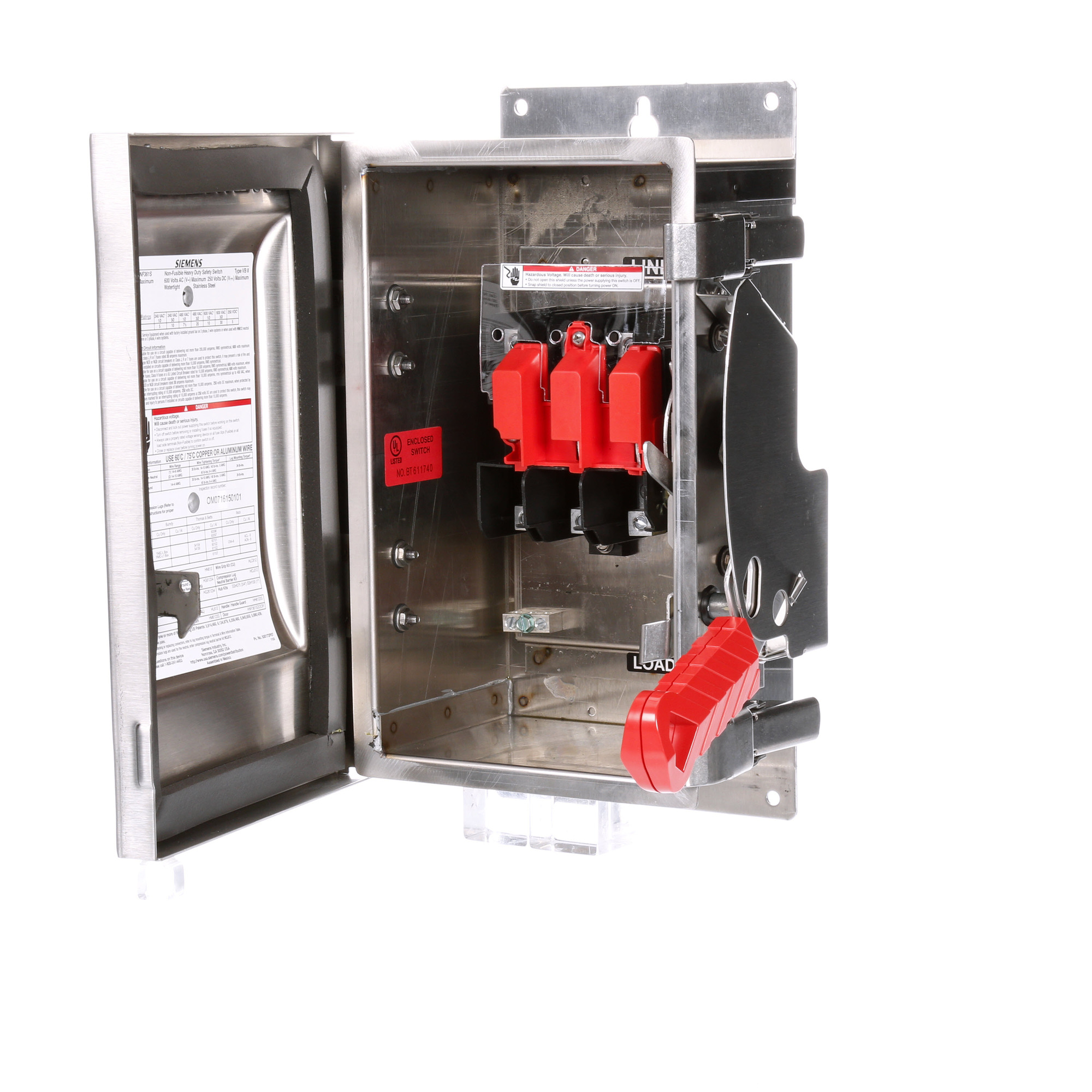  Low Voltage Circuit Protection Heavy Duty Safety Switch. 3-Pole Non-Fused in a type 4/4X 304 grade Stainless Steel enclosure. Rated 600VAC (30A).