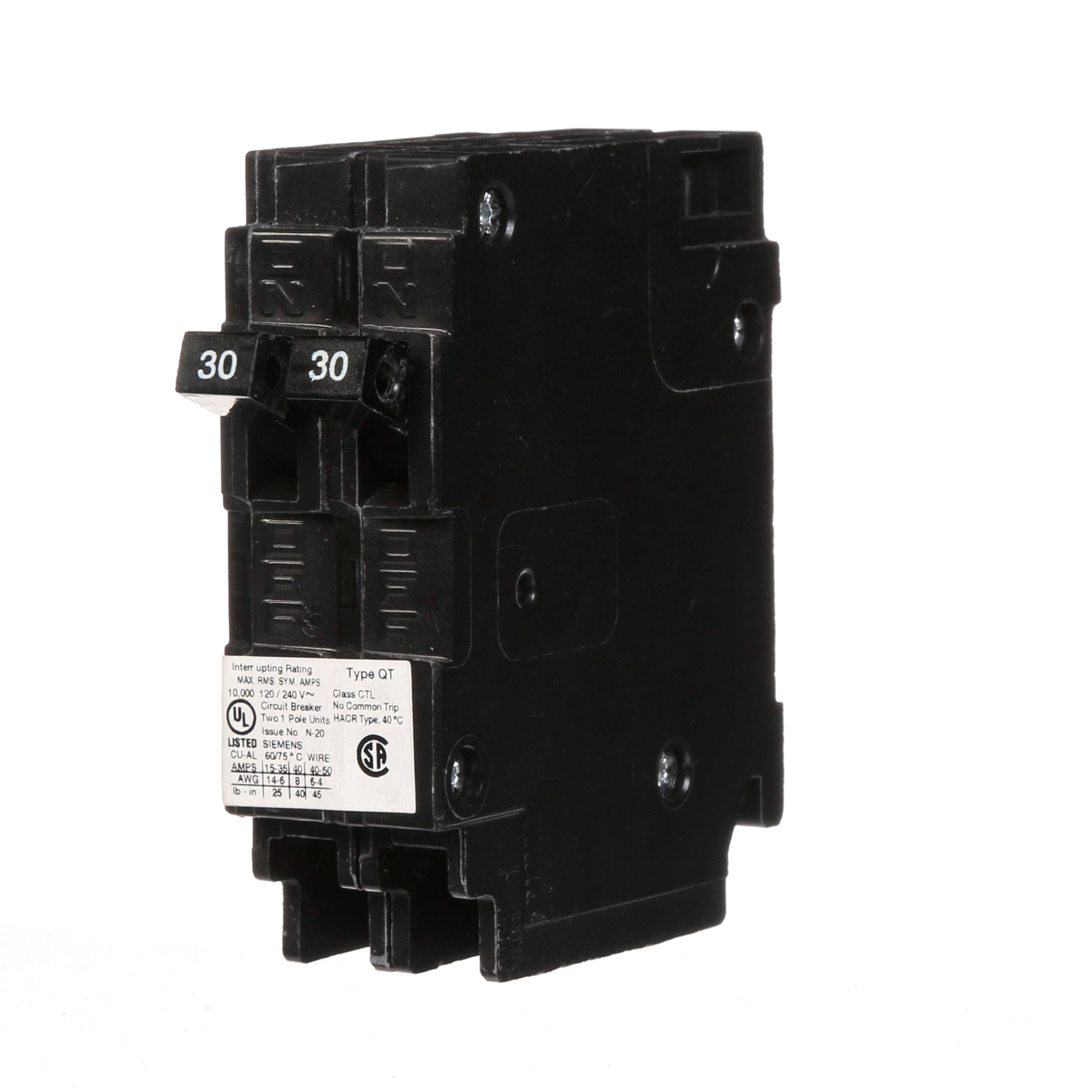  Low Voltage Residential Circuit Breakers Miniature Thermal Mag Circuit Breakers - Duplex, Triplex, Quadplex are Circuit Protection Load Center Mains, Feeders, and Miniature Circuit Breakers. Type QT Application Electrical Distribution Standard UL 489 Voltage Rating 120V Amperage Rating 30-30A Trip Range Thermal Magnetic Interrupt Rating 10 AIC Number Of Poles 1P