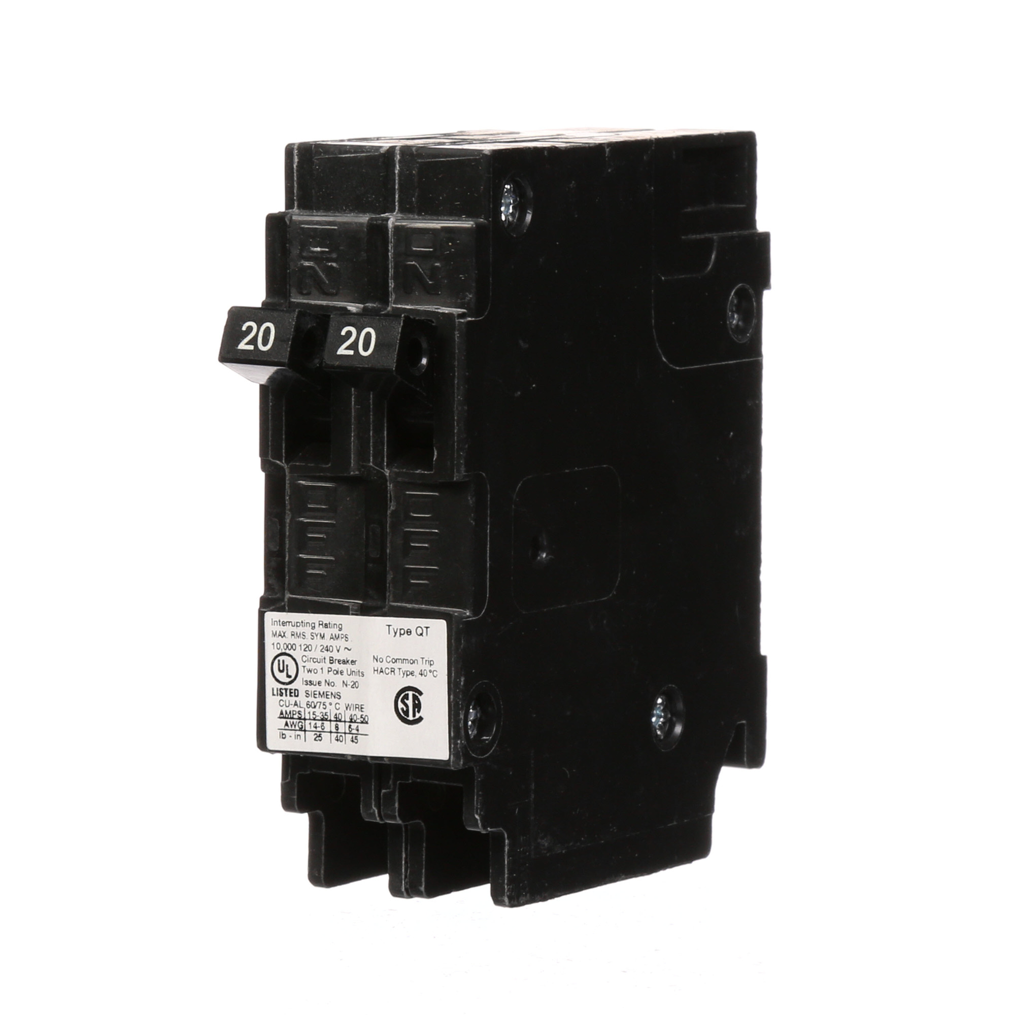Siemens Low Voltage Residential Circuit Breakers Miniature Thermal Mag Circuit Breakers - Duplex, Triplex, Quadplex are Circuit Protection Load Center Mains, Feeders, and Miniature Circuit Breakers. BREAKER 20/20A 1P 120V 10K QT NON-CTL