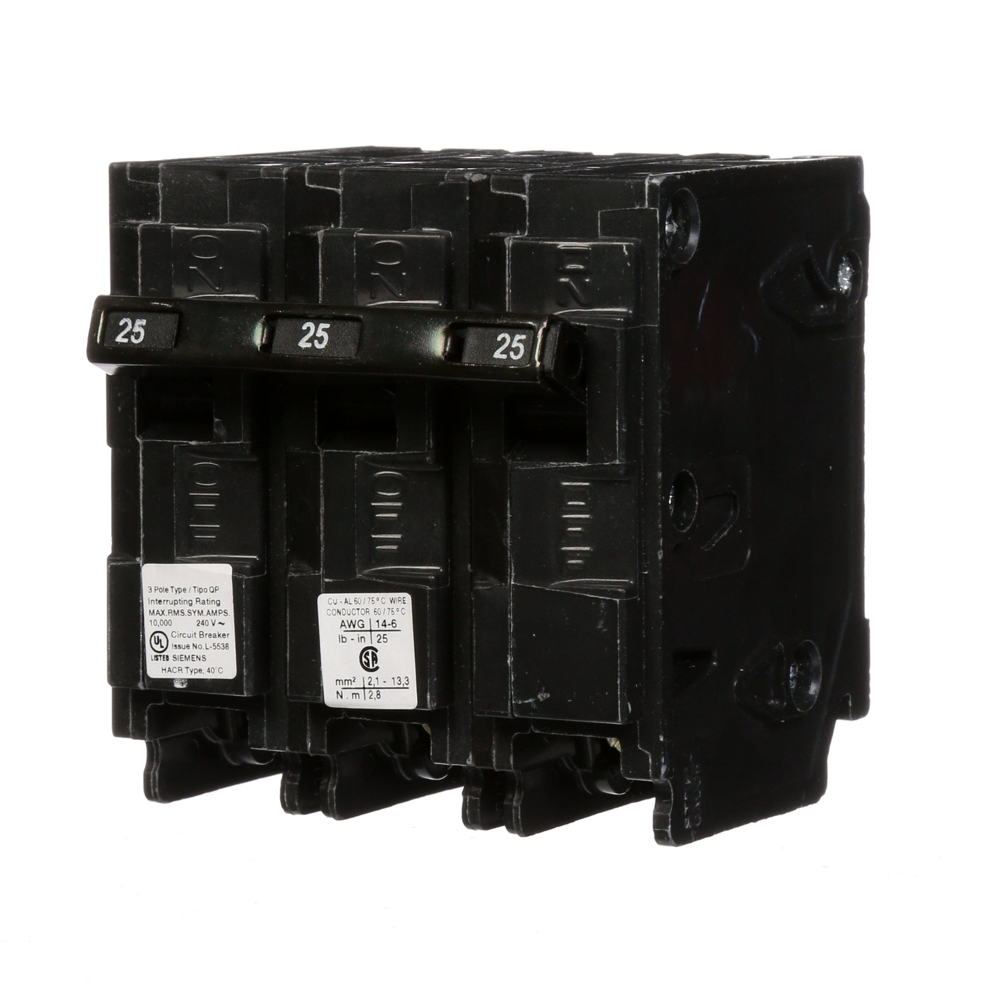  Low Voltage Residential Circuit Breakers Miniature Thermal Mag Circuit Breakers - Type QP/MP, 3-Pole, 240VAC are Circuit Protection Load Center Mains, Feeders, and Miniature Circuit Breakers. Type QP/MP Application Electrical Distribution Standard UL 489 Voltage Rating 240V Amperage Rating 25A Trip Range Thermal Magnetic Interrupt Rating 10 AIC Number Of Poles 3P