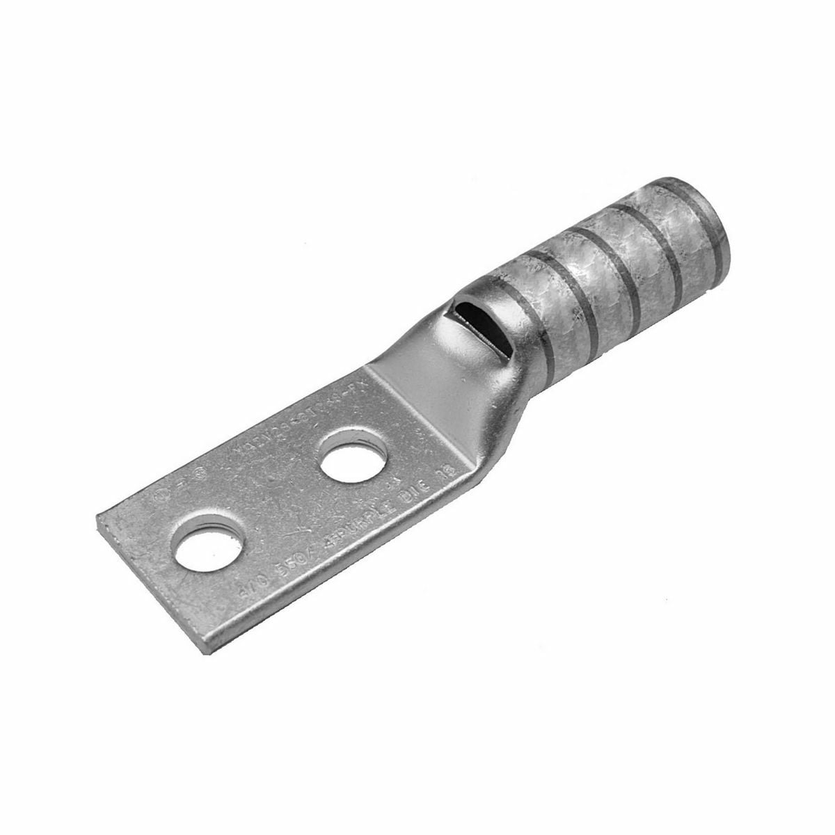 2 Flex G,H,I,K,M,DLO, 2 AWG CU, Two Hole, 3/8 Stud Size, 1 Hole Spacing, Long Barrel, Inspection Window, Internal Chamfer, Tin Plated, UL/CSA, 90?C, Up to 35kV, Brown Color Code, 10 Die Index.