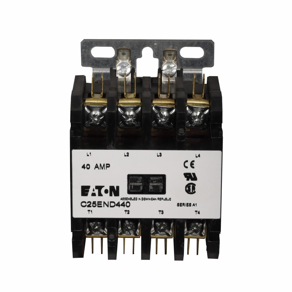 Eaton definite purpose contactor, Quick, 40A, 24 Vac, 50/60 Hz, Open with metal mounting plate, 15-50A, two- and three-pole,40A,Contactor,Four-pole,50A, Box lugs (posidrive setscrew) and quick connect terminals (side-by-side), Non-reversing