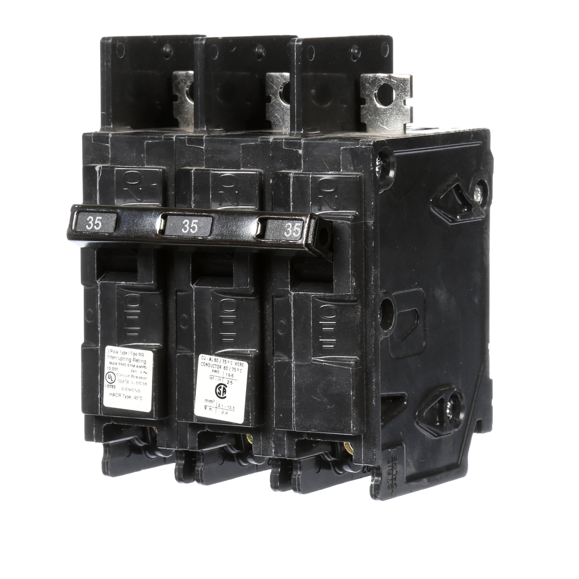  Low Voltage Molded Case Circuit Breakers General Purpose MCCBs are Circuit Protection Molded Case Circuit Breakers. 3-Pole Common-Trip circuit breaker type BQ. Rated 240V (035A) (AIR 10 kA). Special features Load side lugs are included.