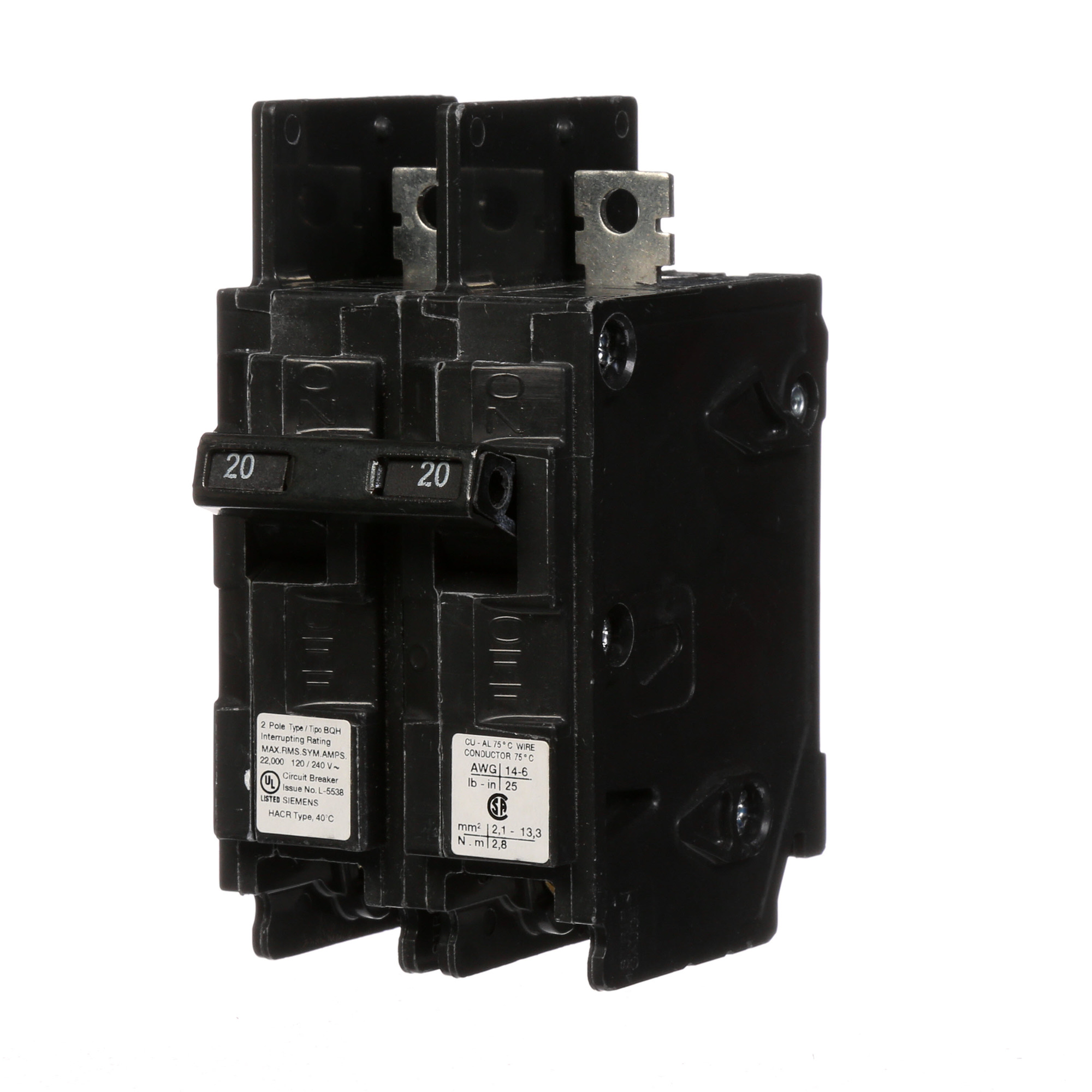  Low Voltage Molded Case Circuit Breakers General Purpose MCCBs - Type BQ, 2-Pole, 120/240VAC are Circuit Protection Molded Case Circuit Breakers. 2-Pole Common-Trip circuit breaker type BQH. Rated 120/240V (020A) (AIR 22 kA). Special features Load side lugs are included.
