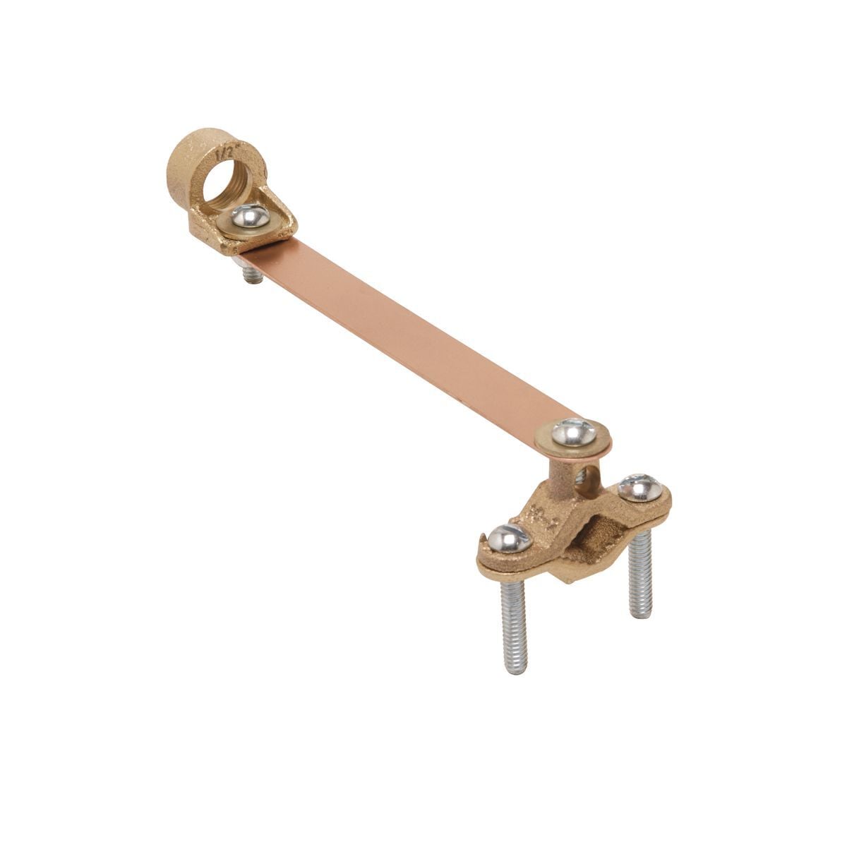 Cast Bronze Clamp with Copper Strap, Cable to Water Pipe, 6 AWG (Sol.), 1/2" - 1" Water Pipe, 1/2" hub.