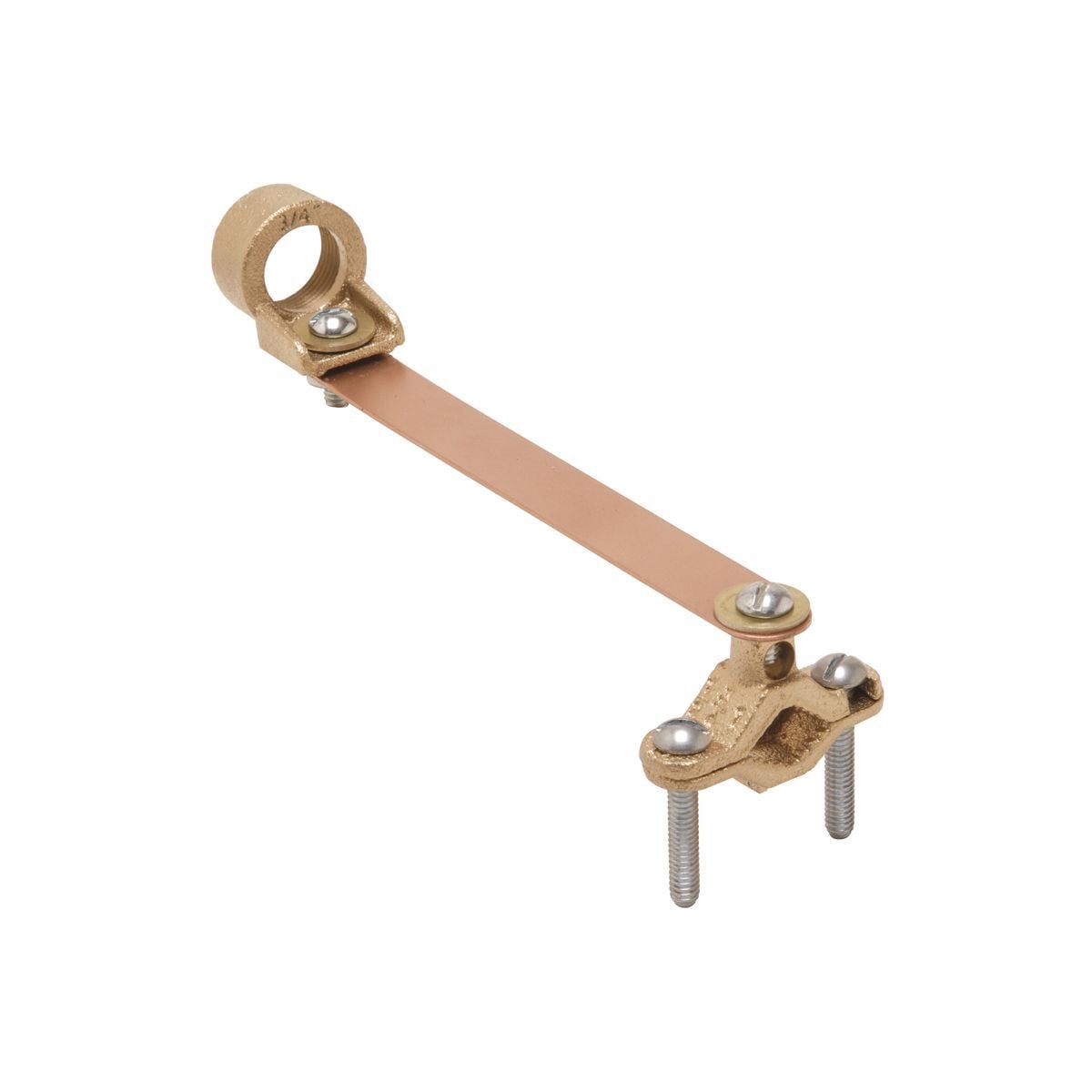 Cast Bronze Clamp with Copper Strap, Cable to Water Pipe, 4/0 AWG (Str.), 1/2"- 1" Water Pipe,3/4" hub.