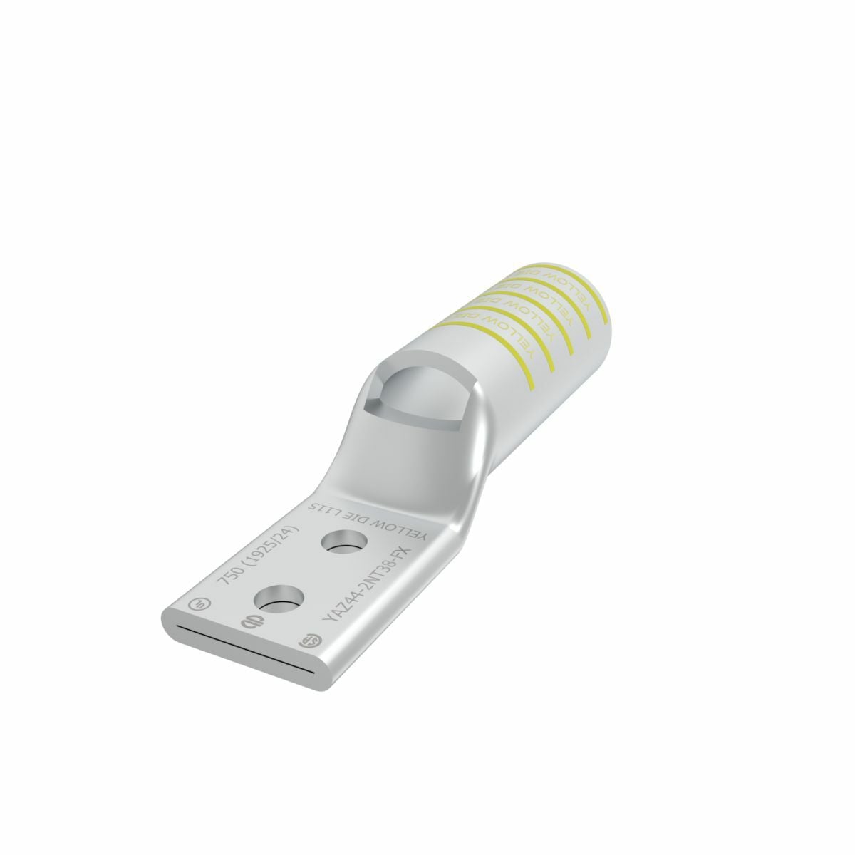 750 kcmil G,H,777 DLO CU, Two Hole, 3/8 Stud Size, 1 Hole Spacing, Long Barrel, Inspection Window, Internal Chamfer, Tin Plated, UL/CSA, 90?C, Up to 35kV, Yellow Color Code, L115 Die Index.