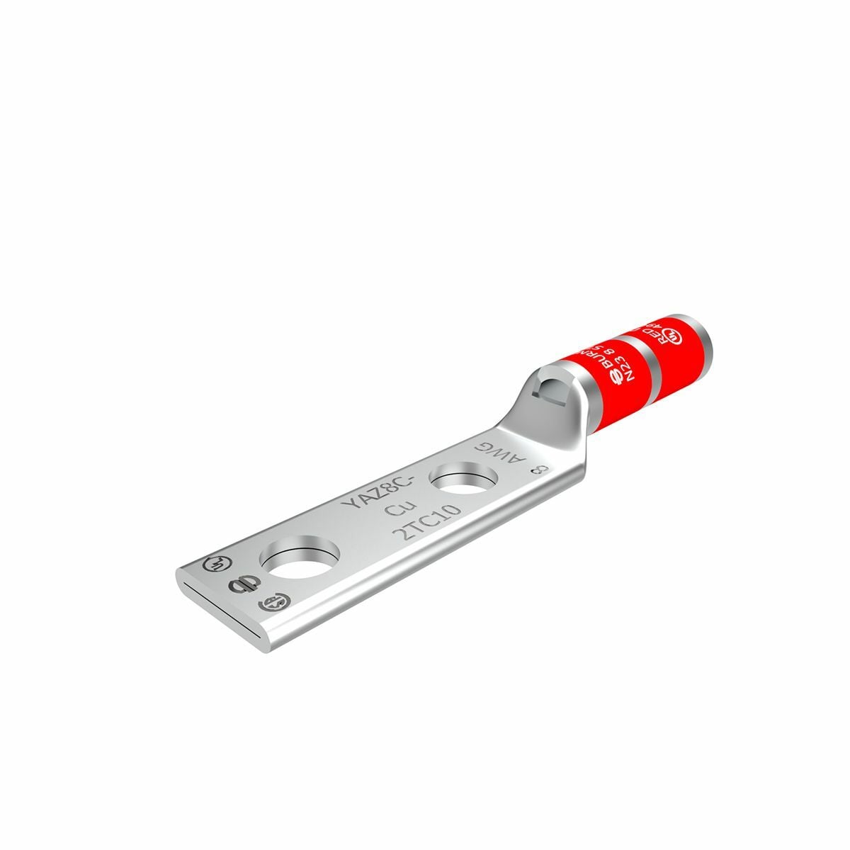 8 AWG CU, Two Hole, #10 Stud Size, 5/8 Hole Spacing, Long Barrel, Inspection Window Internal Chamfer, Tin Plated, UL/CSA, 90?C, Up to 35kV, Red Color Code, 49 Die Index.
