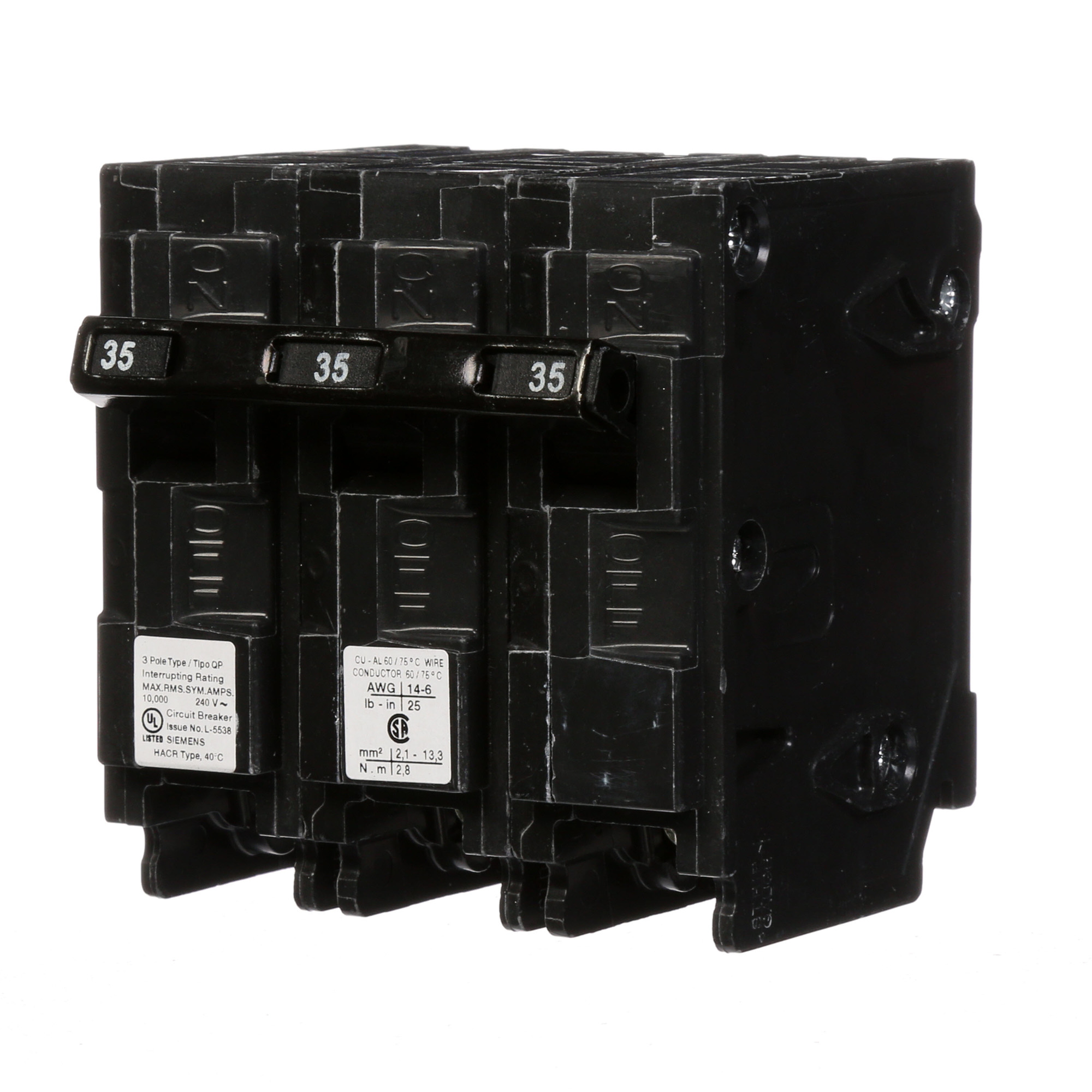  Low Voltage Residential Circuit Breakers Miniature Thermal Mag Circuit Breakers - Type QP/MP, 3-Pole, 240VAC are Circuit Protection Load Center Mains, Feeders, and Miniature Circuit Breakers. Type QP/MP Application Electrical Distribution Standard UL 489 Voltage Rating 240V Amperage Rating 35A Trip Range Thermal Magnetic Interrupt Rating 10 AIC Number Of Poles 3P