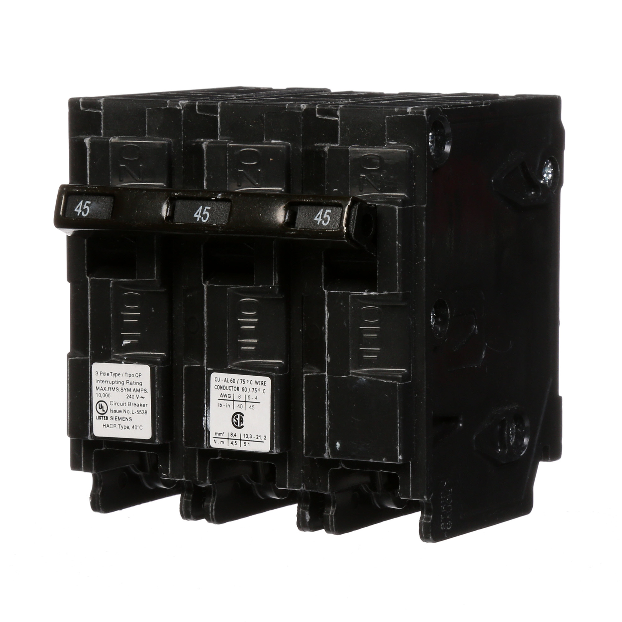  Low Voltage Residential Circuit Breakers Miniature Thermal Mag Circuit Breakers - Type QP/MP, 3-Pole, 240VAC are Circuit Protection Load Center Mains, Feeders, and Miniature Circuit Breakers. Type QP/MP Application Electrical Distribution Standard UL 489 Voltage Rating 240V Amperage Rating 45A Trip Range Thermal Magnetic Interrupt Rating 10 AIC Number Of Poles 3P