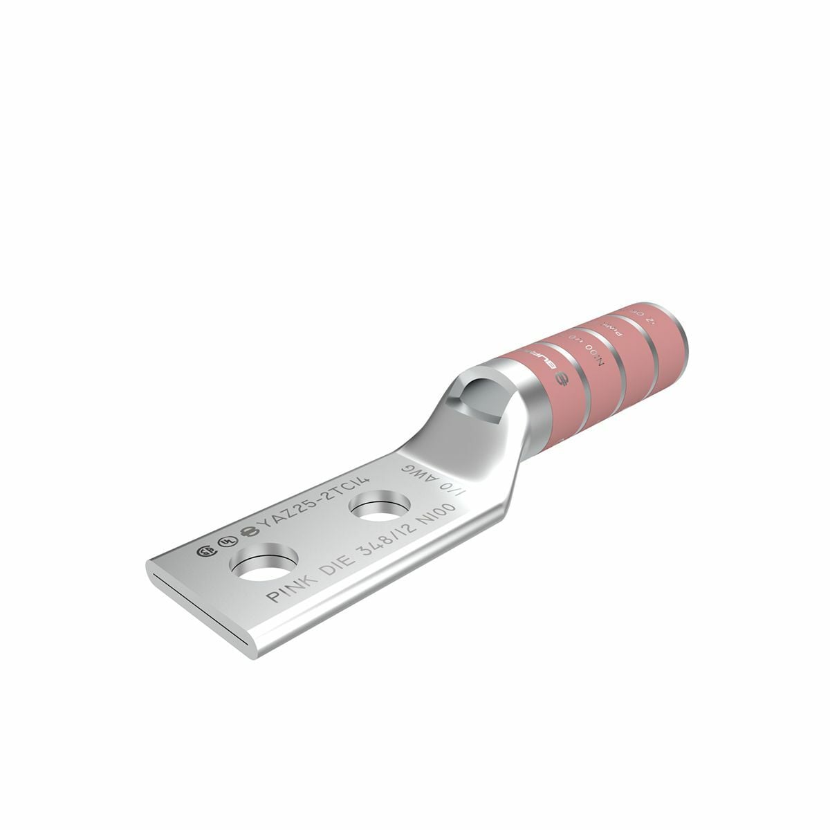 1/0 AWG CU, Two Hole, 1/2 Stud Size, 1-3/4 Hole Spacing, Long Barrel, Inspection Window Internal Chamfer, Tin Plated, UL/CSA, 90?C, Up to 35kV, Pinnk Color Code, 12 or 348 Die Index.