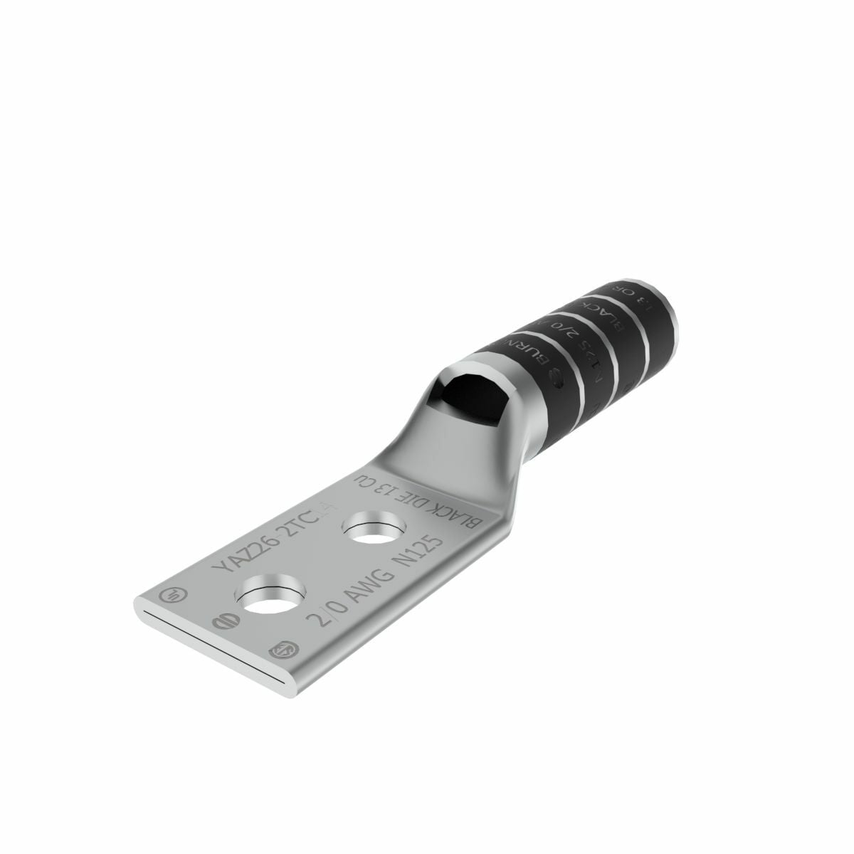 2/0 AWG CU, Two Hole, 1/2 Stud Size, 1-3/4 Hole Spacing, Long Barrel, Inspection Window Internal Chamfer, Tin Plated, UL/CSA, 90?C, Up to 35kV, Black Color Code, 13 Die Index.