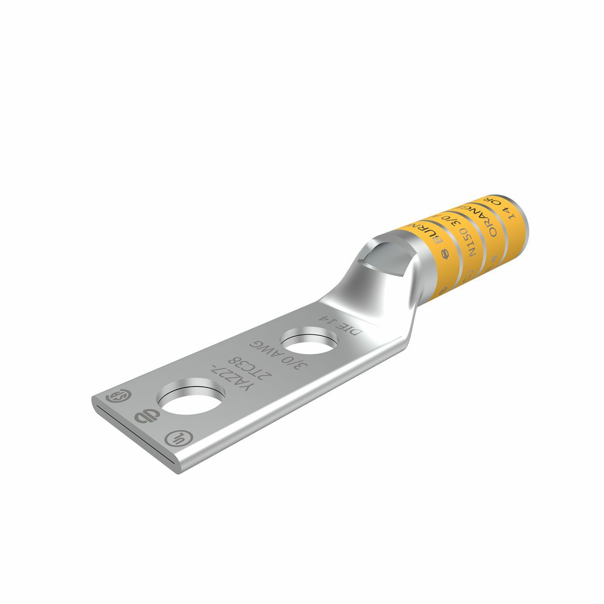 3/0 AWG CU, Two Hole, 1/2 Stud Size, 1-3/4 Hole Spacing, Long Barrel, Inspection Window Internal Chamfer, Tin Plated, UL/CSA, 90?C, Up to 35kV, Orange Color Code, 14 Die Index.