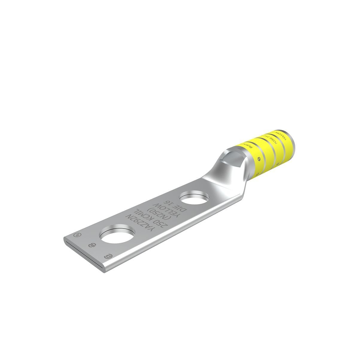 250 kcmil CU, Two Hole, 1/2 Stud Size, 1-3/4 Hole Spacing, Long Barrel, Inspection Window Internal Chamfer, Tin Plated, UL/CSA, 90?C, Up to 35kV, Yellow Color Code, 16 Die Index.