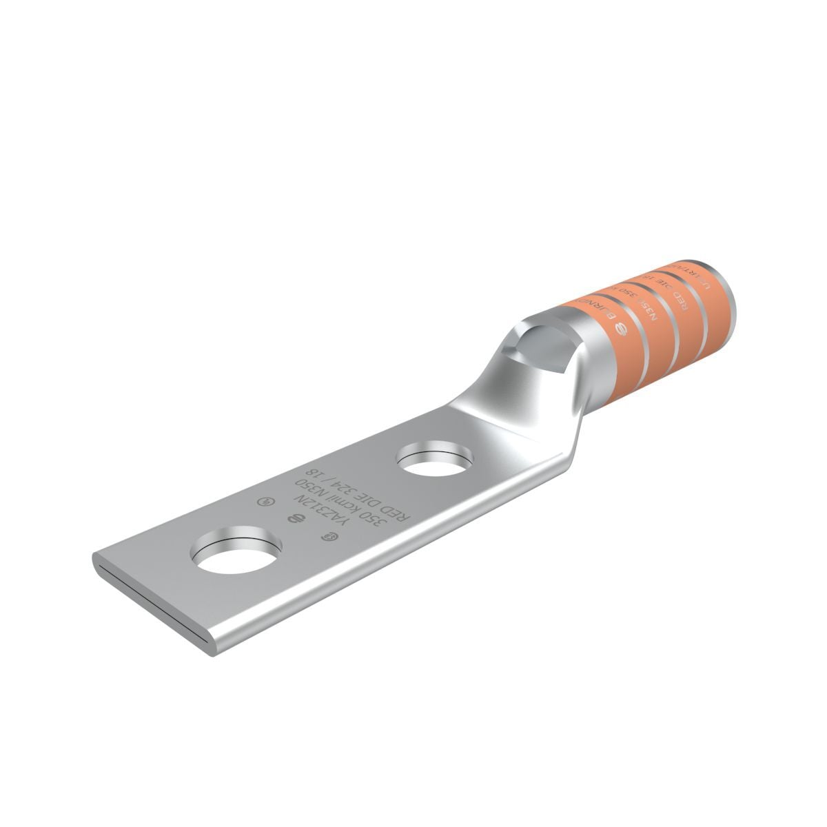 350 kcmil CU, Two Hole, 1/2 Stud Size, 1-3/4 Hole Spacing, Long Barrel, Inspection Window Internal Chamfer, Tin Plated, UL/CSA, 90?C, Up to 35kV, Red Color Code, 18 or 324 Die Index.