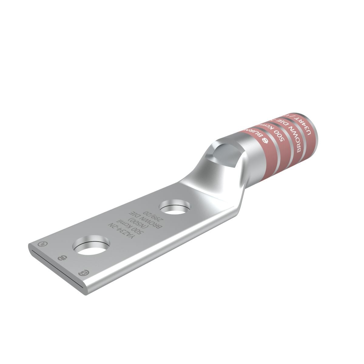 500 kcmil CU, Two Hole, 1/2 Stud Size, 1-3/4 Hole Spacing, Long Barrel, Inspection Window Internal Chamfer, Tin Plated, UL/CSA, 90?C, Up to 35kV, Brown Color Code, 20 or 299 Die Index.