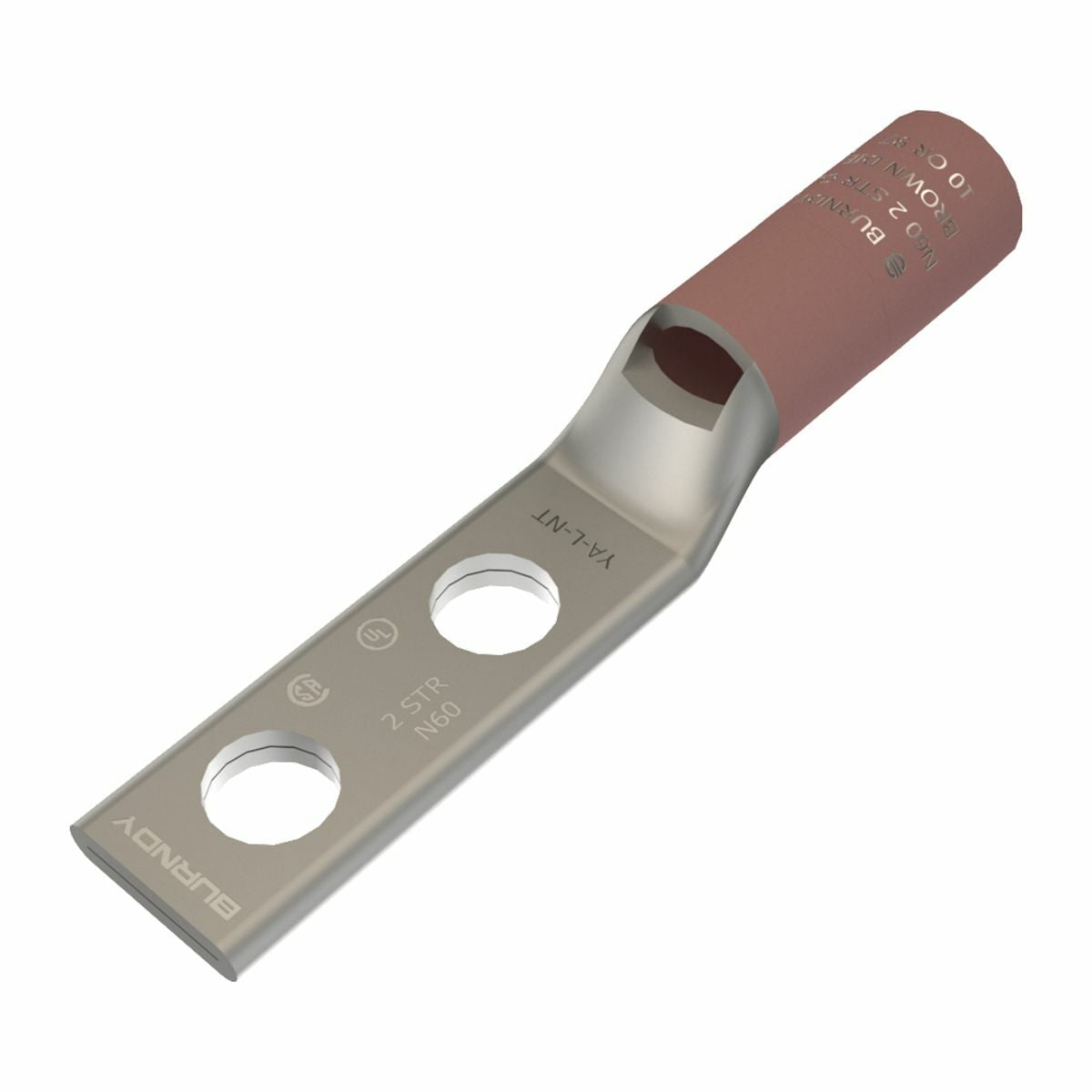 2 AWG CU, Two Hole, 1/4 Stud Size, 5/8 Hole Spacing, Standard Barrel, Inspection Window, Narrow Tongue Internal Chamfer, Tin Plated, UL/CSA, 90?C, Up to 35kV, Brown Color Code, 10 Die Index.