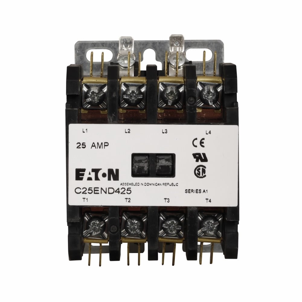 Eaton Definite purpose control contactor, Non-reversing, Four-pole, 30A, 110-120 Vac, 50/60 Hz, Open with metal mounting plate, Screw/pressure plate and quick connect terminals (side-by-side), 30A IFL, 40A RL