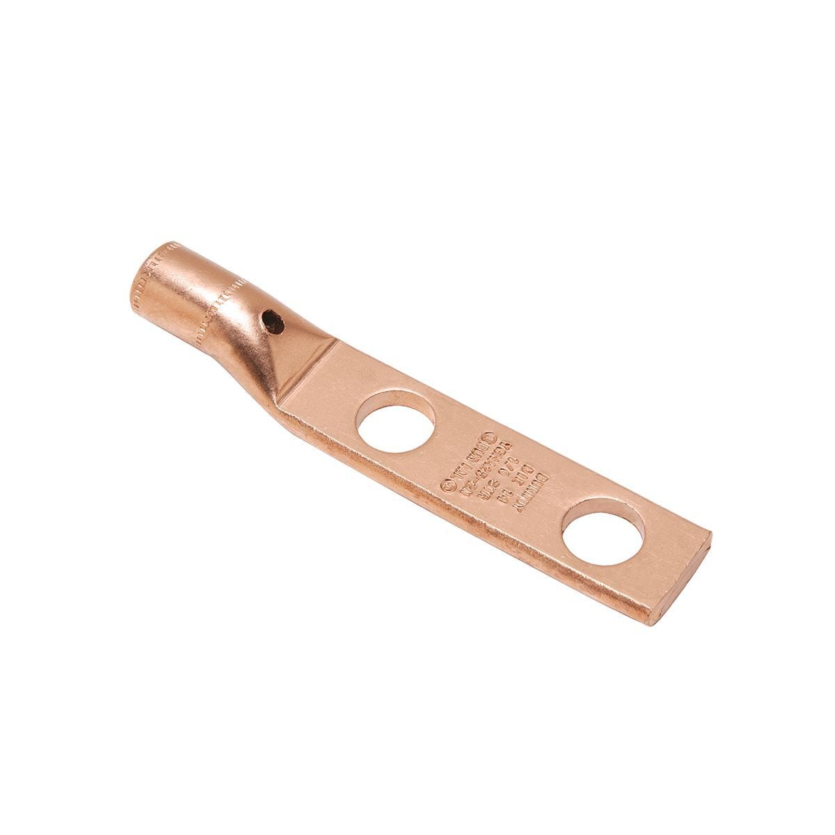 Copper Compression Lug, Heavy Duty, 2 Hole w/ Inspection Probe, 2/0 AWG, 1/2" Stud, 1-3/4" Stud Hole Spacing, Short Barrel.