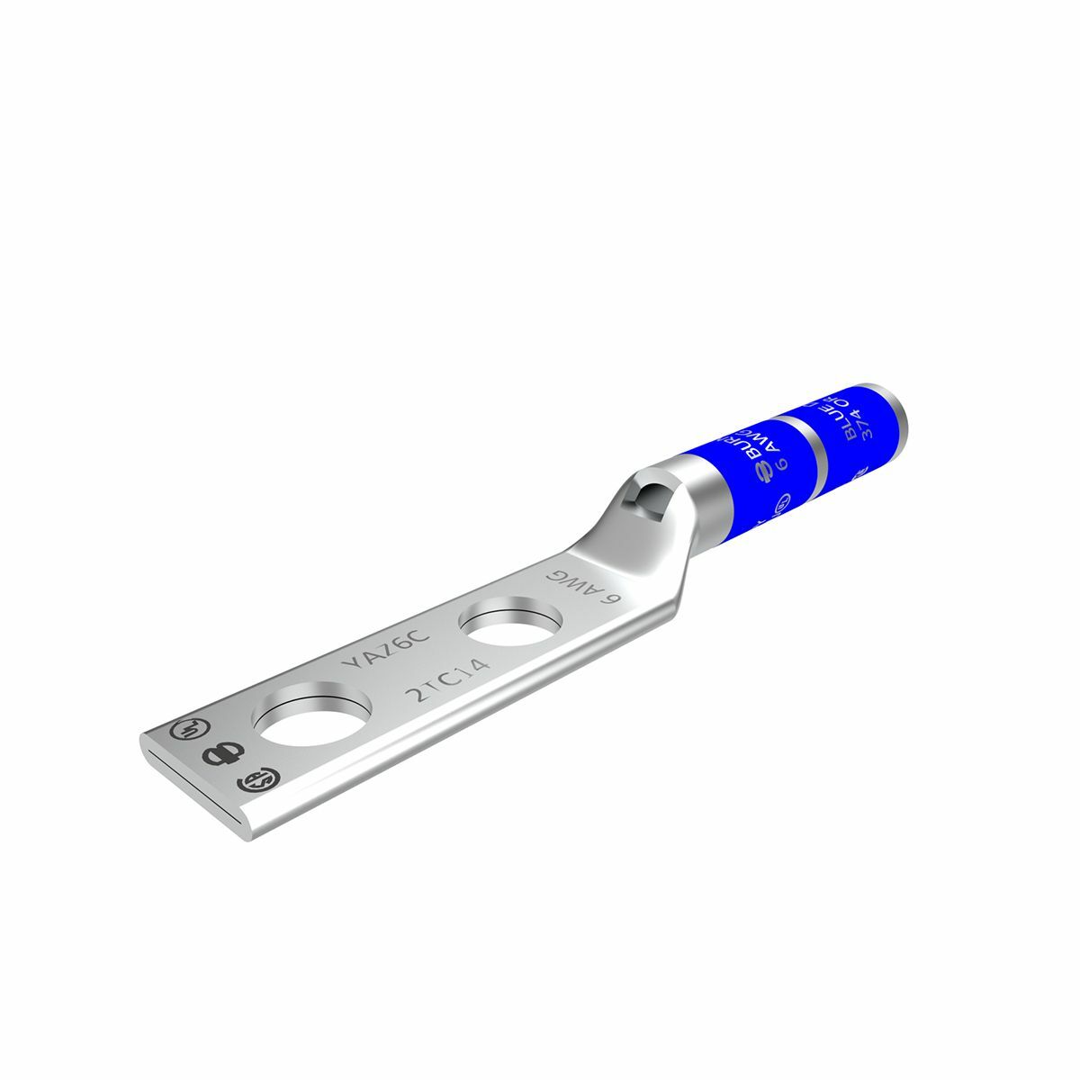 Copper Compression Lug, 2 Hole w/ Inspection Window, 6 AWG, 1/4" Stud, 5/8" Stud Hole Spacing, Long Barrel, Tin Plated.