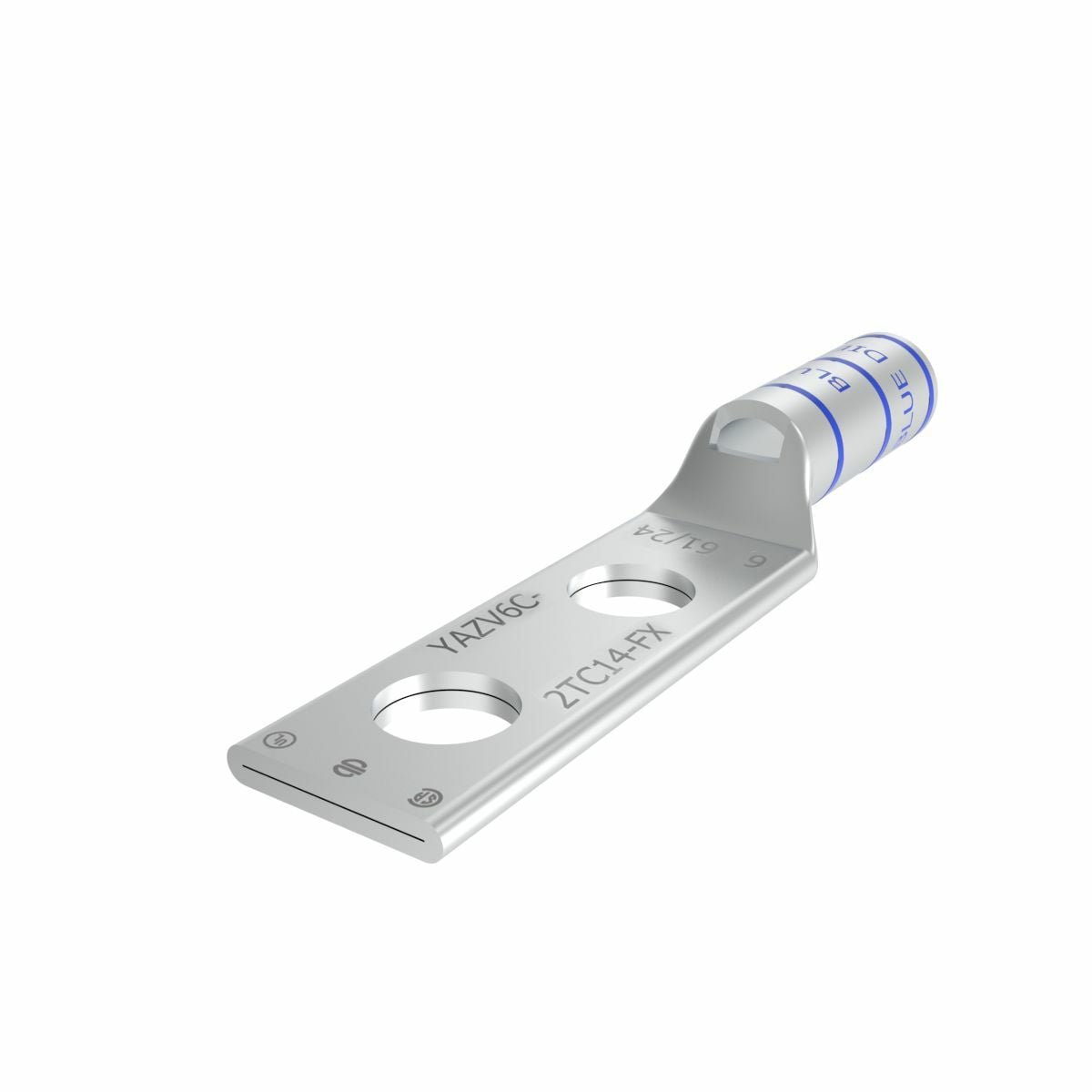 Copper Compression Lug, 2 Hole w/ Inspection Window, 6 Flex, 1/4" Stud, 5/8" Stud Hole Spacing, Long Barrel, Tin Plated.