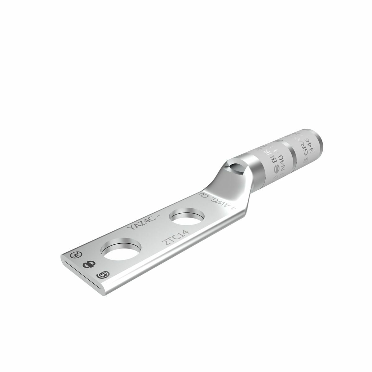 Cu Comp Terminal Code Cond, Bvl Entry, 2 Hole/W/InspWindow, #4 AWG Code, 40 Navy, 600 V-35 kV, 1/4" Stud, 0.62" Spacing, Lng bbl, Gray, 8 or 346 Index.