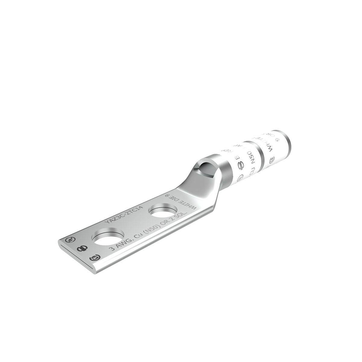 3 AWG CU, Two Hole, 1/4 Stud Size, 5/8 Hole Spacing, Long Barrel, Inspection Window Internal Chamfer, Tin Plated, UL/CSA, 90?C, Up to 35kV, White Color Code, 9 Die Index.