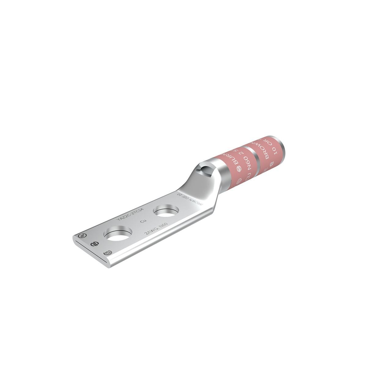Copper Compression Lug, 2 Hole w/ Inspection Window, 2 AWG, 1/4" Stud, 5/8" Stud Hole Spacing, Long Barrel, Tin Plated.