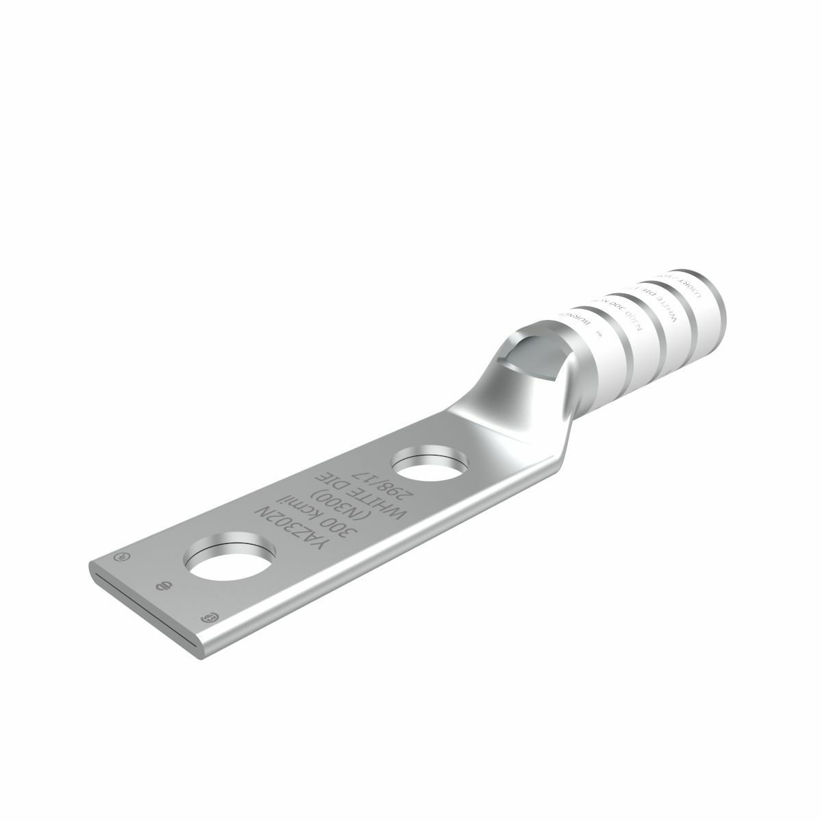 300 kcmil CU, Two Hole, 1/2 Stud Size, 1-3/4 Hole Spacing, Long Barrel, Inspection Window Internal Chamfer, Tin Plated, UL/CSA, 90?C, Up to 35kV, White Color Code, 17 or 298 Die Index.