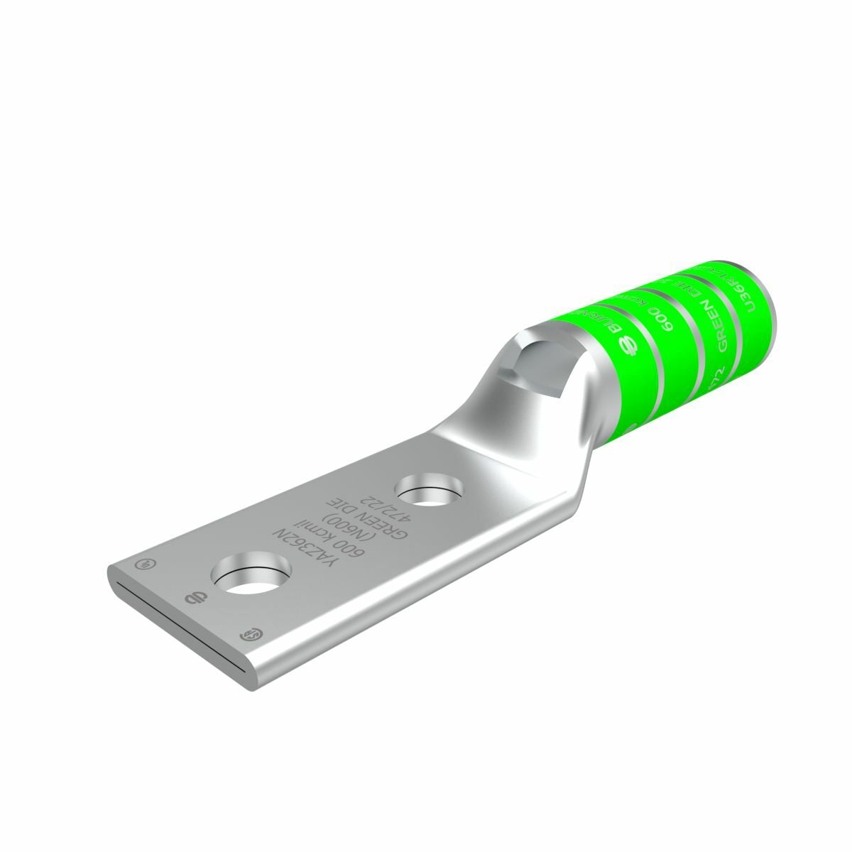 600 kcmil CU, Two Hole, 1/2 Stud Size, 1-3/4 Hole Spacing, Long Barrel, Inspection Window Internal Chamfer, Tin Plated, UL/CSA, 90?C, Up to 35kV, Green Color Code, 22 or 472 Die Index.
