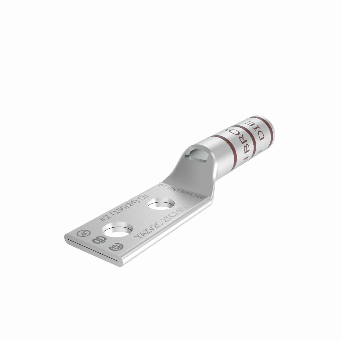 2 Flex G,H,I,K,M,DLO, 2 AWG CU, Two Hole, 1/4 Stud Size, 5/8 Hole Spacing, Long Barrel, Inspection Window, Internal Chamfer, Tin Plated, UL/CSA, 90?C, Up to 35kV, Brown Color Code, 10 Die Index.
