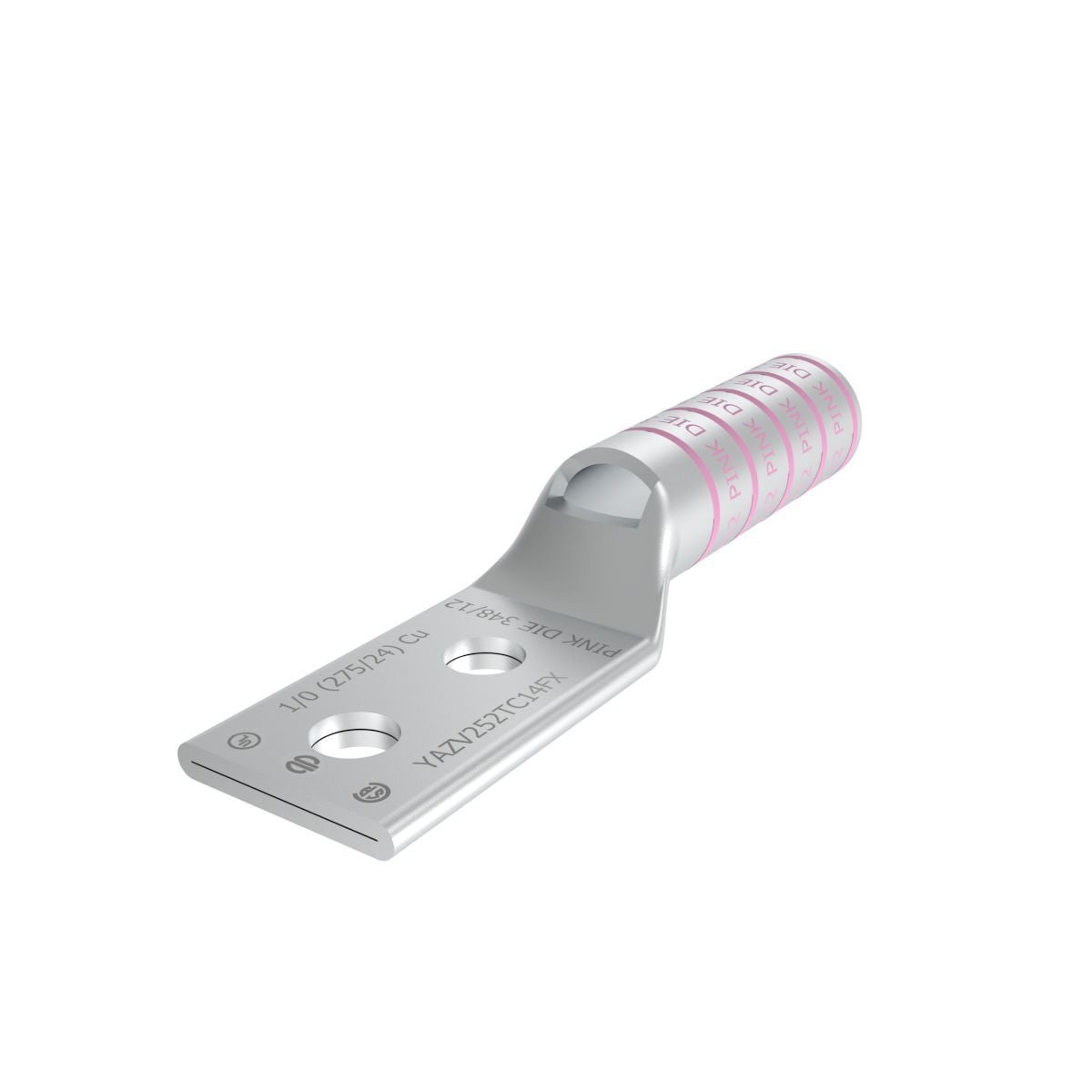 1/0 Flex G,H,I,K,M,DLO, 1/0 AWG (B/C) CU, Two Hole, 1/4 Stud Size, 5/8 Hole Spacing, Long Barrel, Inspection Window, Internal Chamfer, Tin Plated, UL/CSA, 90?C, Up to 35kV, Pink Color Code, 12 or 348 Die Index.