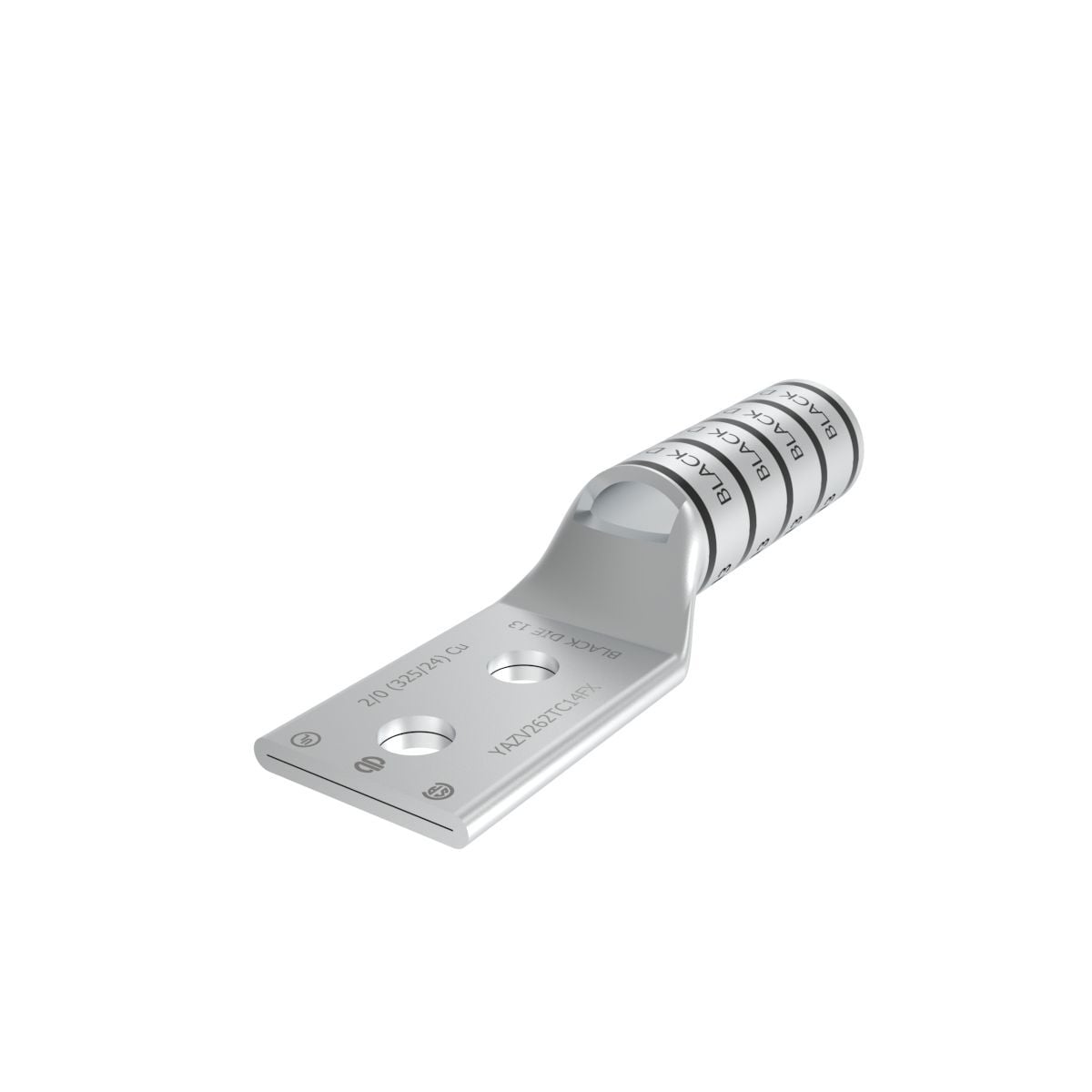 2/0 Flex G,H,I,K,M,DLO, 2/0 AWG CU, Two Hole, 1/4 Stud Size, 5/8 Hole Spacing, Long Barrel, Inspection Window, Internal Chamfer, Tin Plated, UL/CSA, 90?C, Up to 35kV, Black Color Code, 13 Die Index.