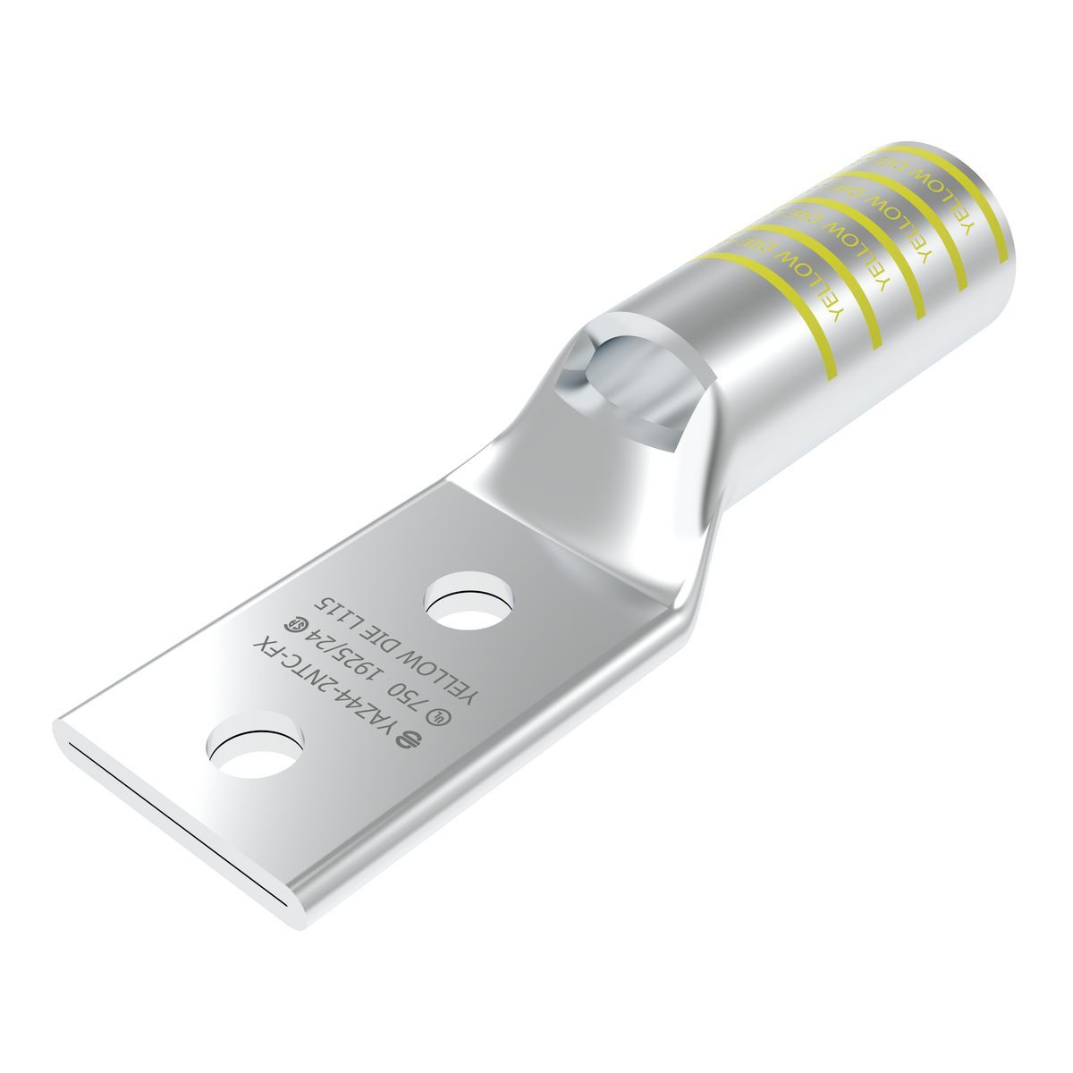 2 Hole HYLUG Cu Compr Terminal, Long Brrl, W/ Insp Window, 777.7(1925/#24) DLO, 750 kcmil Flex, 1/2" stud, Yellow, L115 Index.