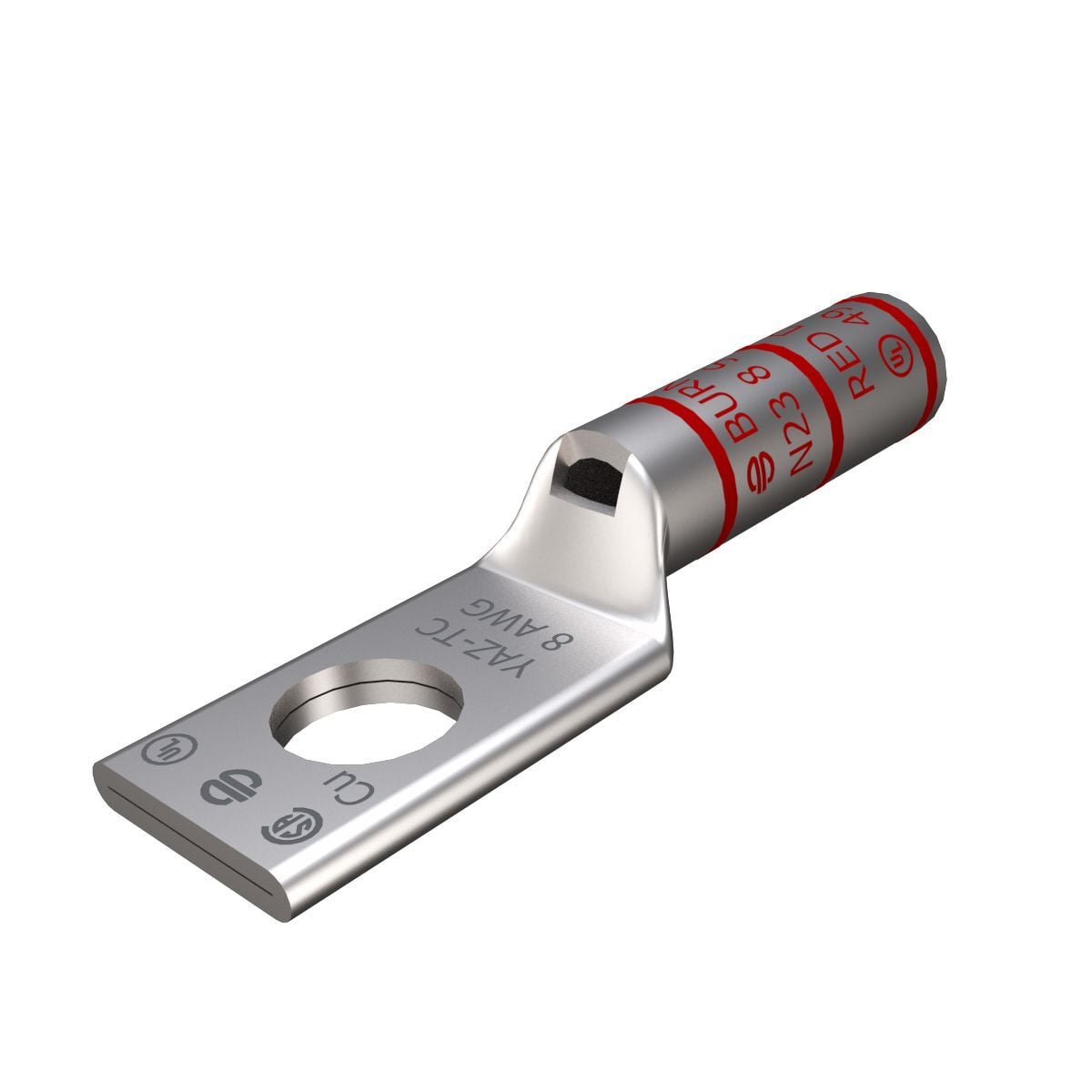 8 AWG CU, One Hole, 1/4 Stud Size, Long Barrel, Inspection Window Internal Chamfer, Tin Plated, UL/CSA, 90?C, Up to 35kV, RED Color Code, 49 Die Index.