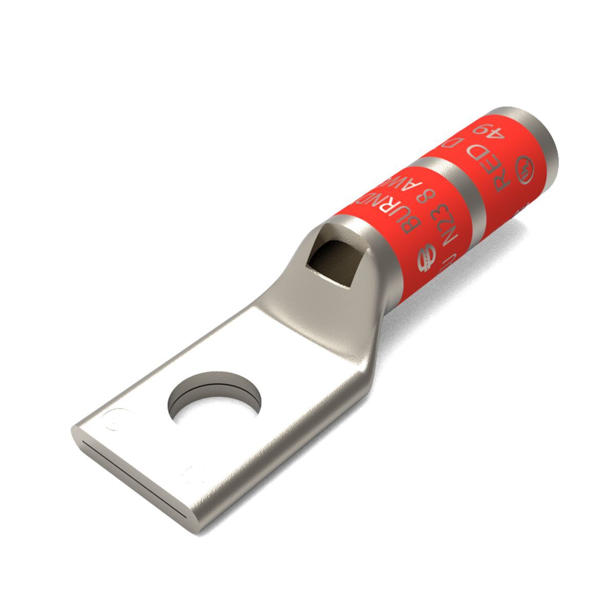 8 AWG CU, One Hole, 3/8 Stud Size, Long Barrel, Inspection Window, Internal Chamfer, Tin Plated, UL/CSA, 90?C, Up to 35kV, Red Color Code, 49 Die Index.