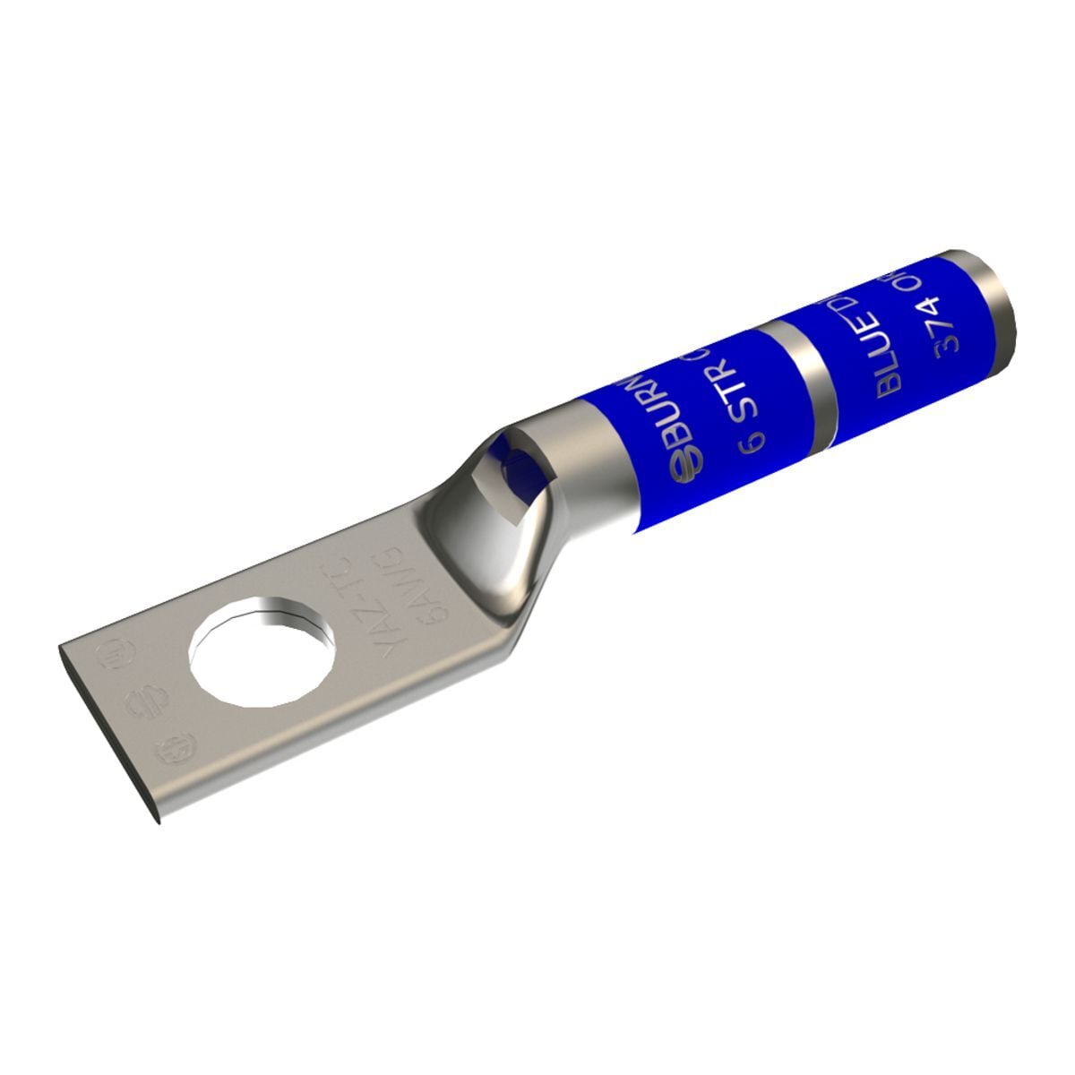 6 AWG CU, One Hole, 3/8 Stud Size, Long Barrel, Inspection Window, Internal Chamfer, Tin Plated, UL/CSA, 90?C, Up to 35kV, Blue Color Code, 7 or 374 Die Index.