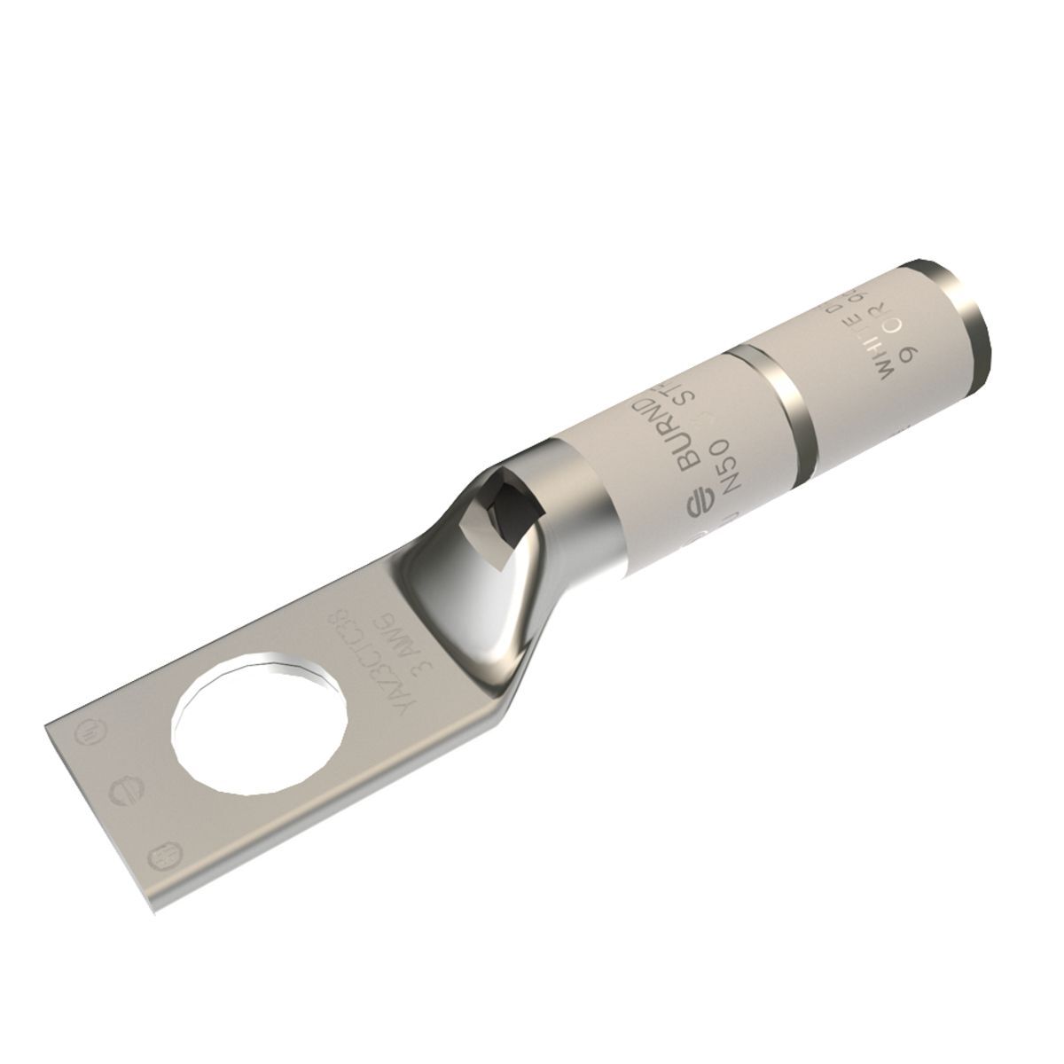 3 AWG CU, One Hole, 3/8 Stud Size, Long Barrel, Inspection Window, Internal Chamfer, Tin Plated, UL/CSA, 90?C, Up to 35kV, White Color Code, 9 Die Index.