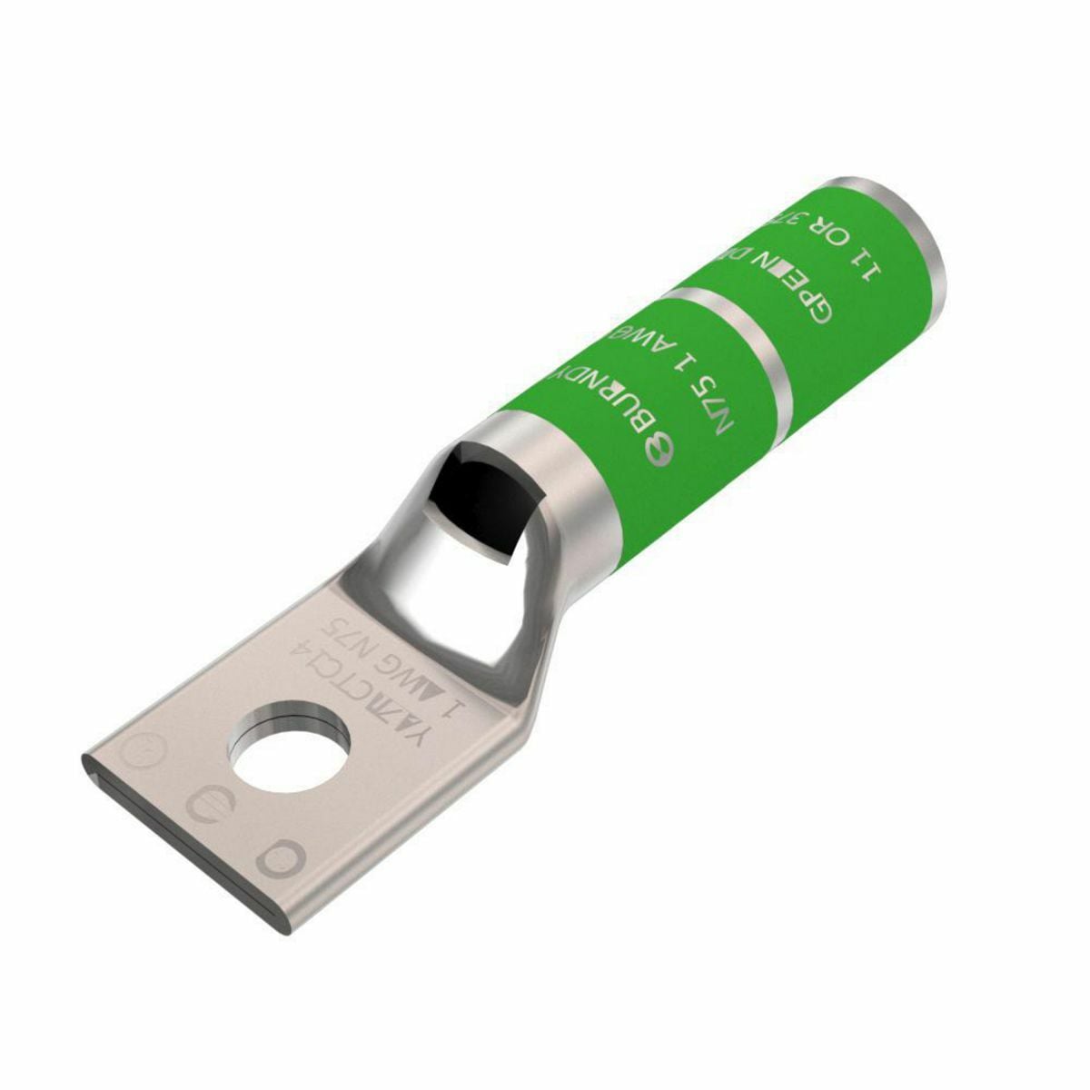 1 AWG CU, One Hole, 3/8 Stud Size, Long Barrel, Inspection Window, Internal Chamfer, Tin Plated, UL/CSA, 90?C, Up to 35kV, Green Color Code, 11 or 375 Die Index.