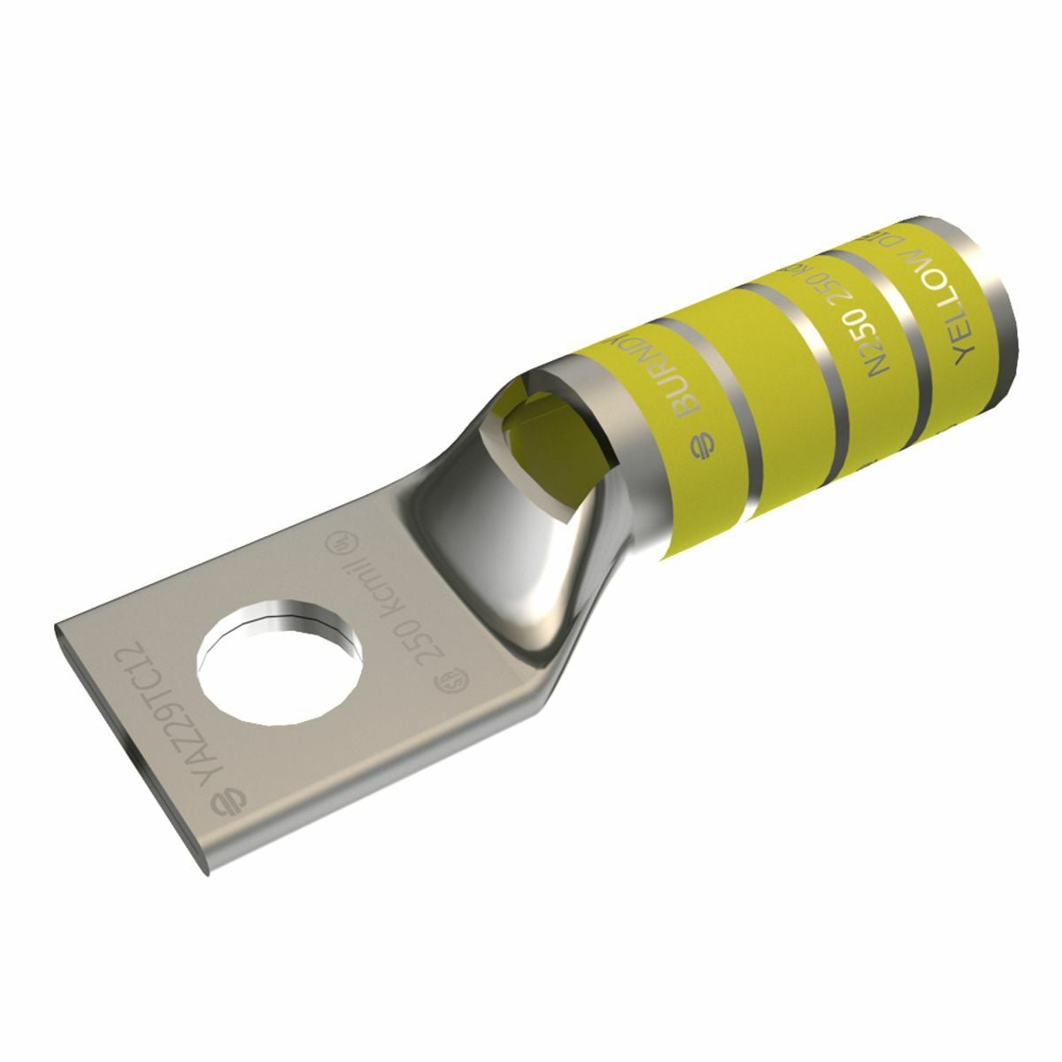 250 kcmil CU, One Hole, 3/8 Stud Size, Long Barrel, Inspection Window, Internal Chamfer, Tin Plated, UL/CSA, 90?C, Up to 35kV, Yellow Color Code, 16 Die Index.