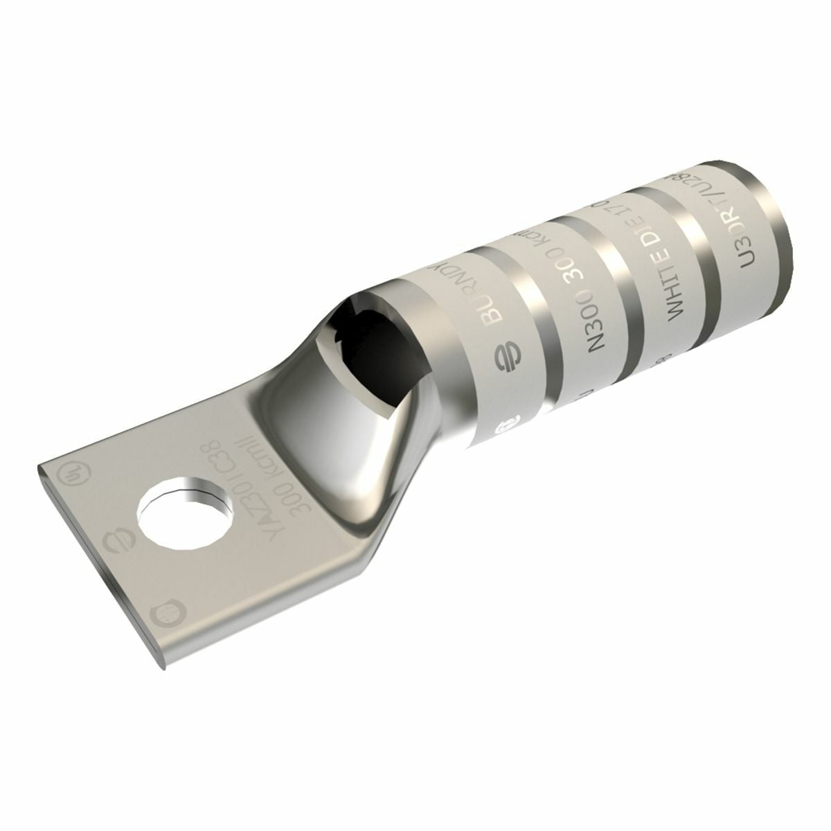 300 kcmil CU, One Hole, 3/8 Stud Size, Long Barrel, Inspection Window, Internal Chamfer, Tin Plated, UL/CSA, 90?C, Up to 35kV, White Color Code, 17 or 298 Die Index.