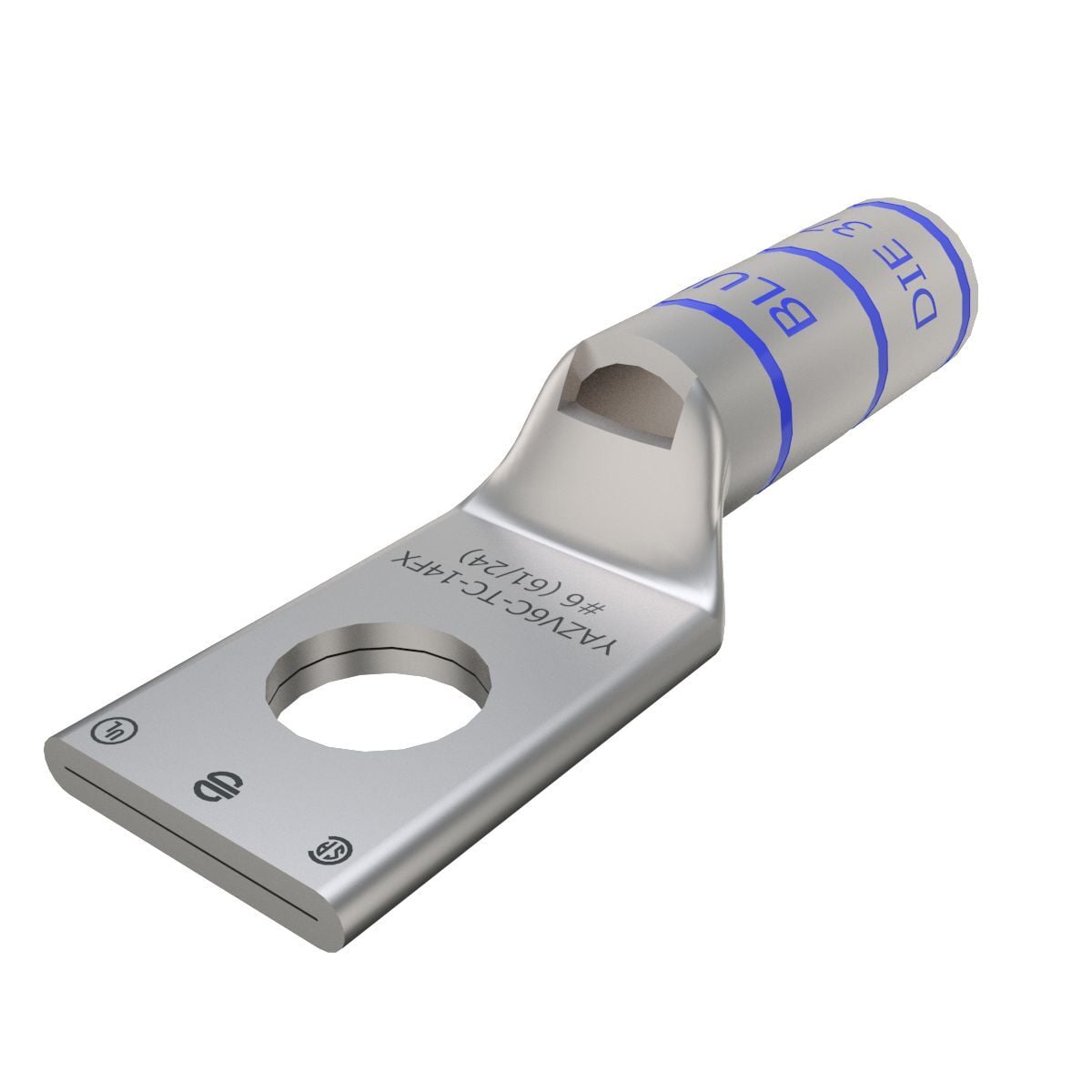 6 Flex G,H,I,K,M,DLO, 6 AWG CU, One Hole, 1/4 Stud Size, Long Barrel, Internal Chamfer, Tin Plated, UL/CSA, 90?C, Up to 35kV, Blue Color Code, 7 or 374 Die Index.