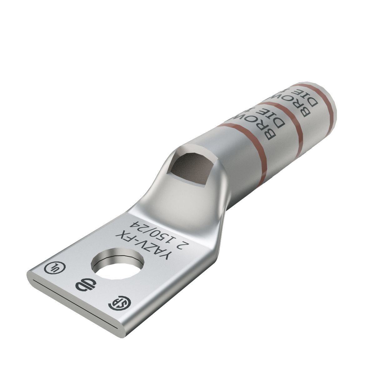 2 Flex G,H,I,K,M,DLO, 2 AWG CU, One Hole, 1/4 Stud Size, Long Barrel, Internal Chamfer, Tin Plated, UL/CSA, 90?C, Up to 35kV, Brown Color Code, 10 Die Index.