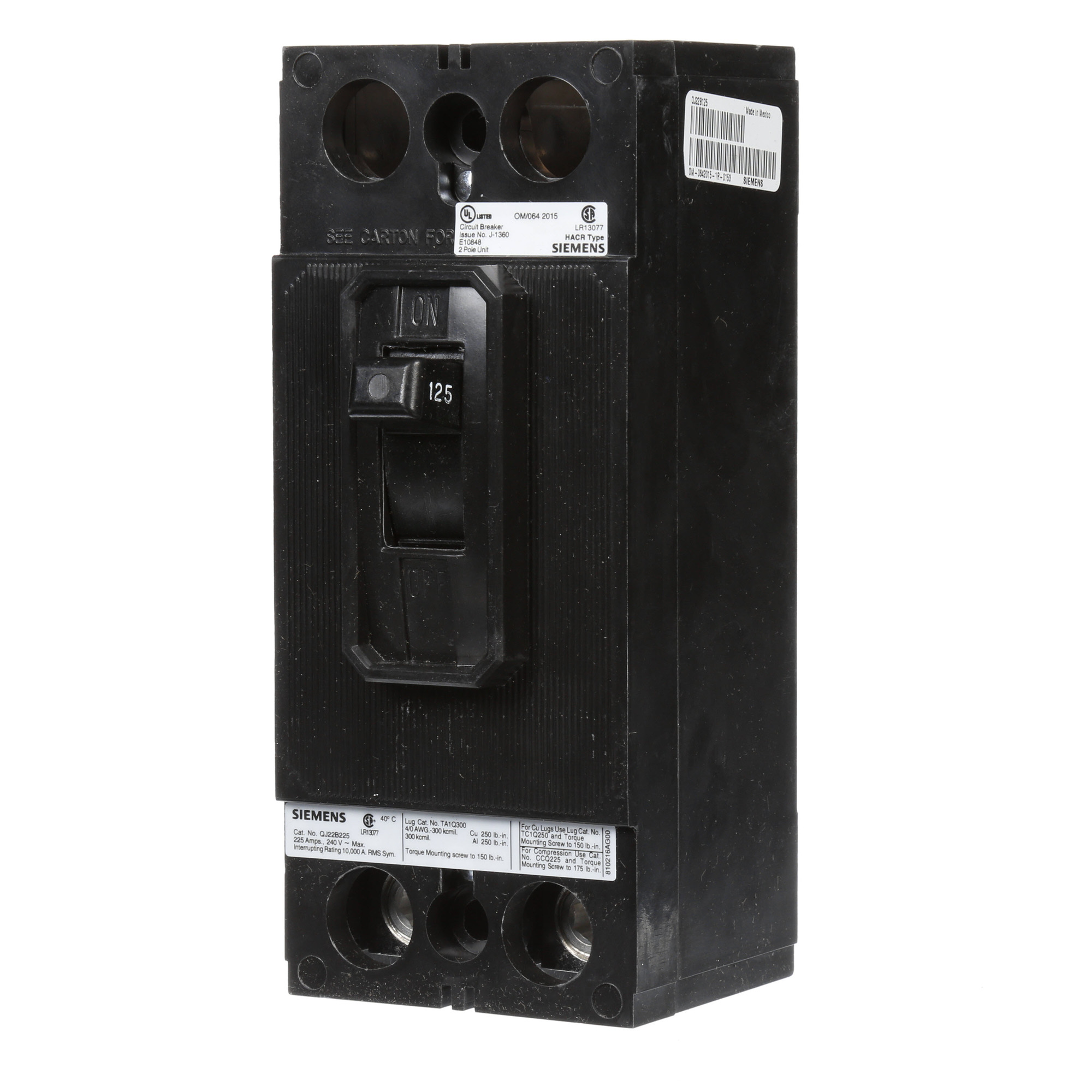  LOW VOLTAGE MOLDED CASE CIRCUIT BREAKER WITH TRIP FREE MECHANISM. QJ FRAME STANDARD 40C BREAKER. 225A 2-POLE (10KA AT 240V). SPECIAL FEATURES NO LUGS INSTALLED.