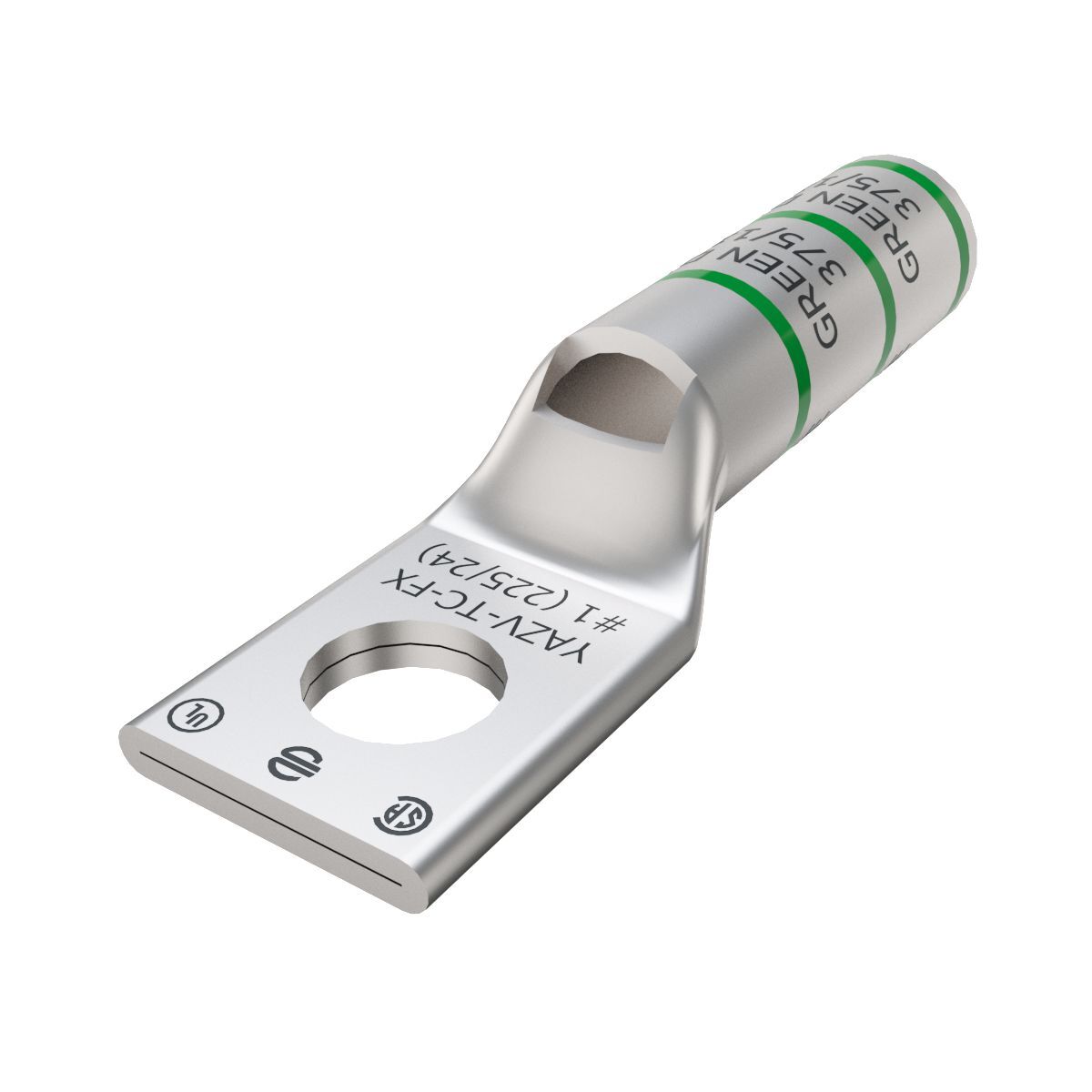 1 Flex G,H,I,K,M,DLO, 1 AWG (B/C) CU, One Hole, 3/8 Stud Size, Long Barrel, Internal Chamfer, Tin Plated, UL/CSA, 90?C, Up to 35kV, Green Color Code, 11 or 375 Die Index.