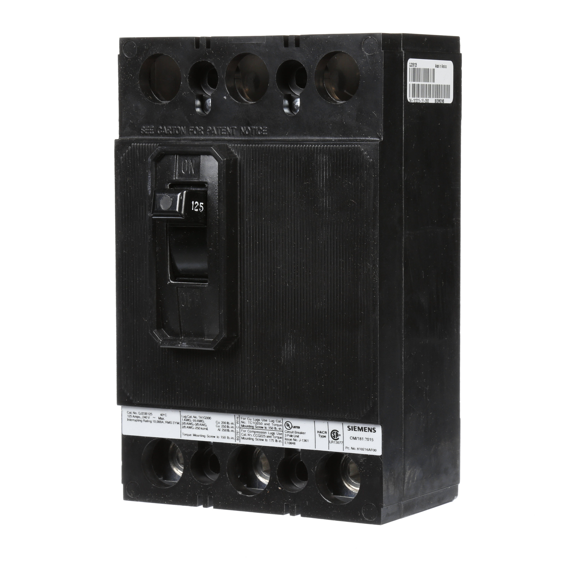  LOW VOLTAGE MOLDED CASE CIRCUIT BREAKER WITH TRIP FREE MECHANISM. QJ FRAME STANDARD 40C BREAKER. 125A 3-POLE (10KA AT 240V). SPECIAL FEATURES NO LUGS INSTALLED.